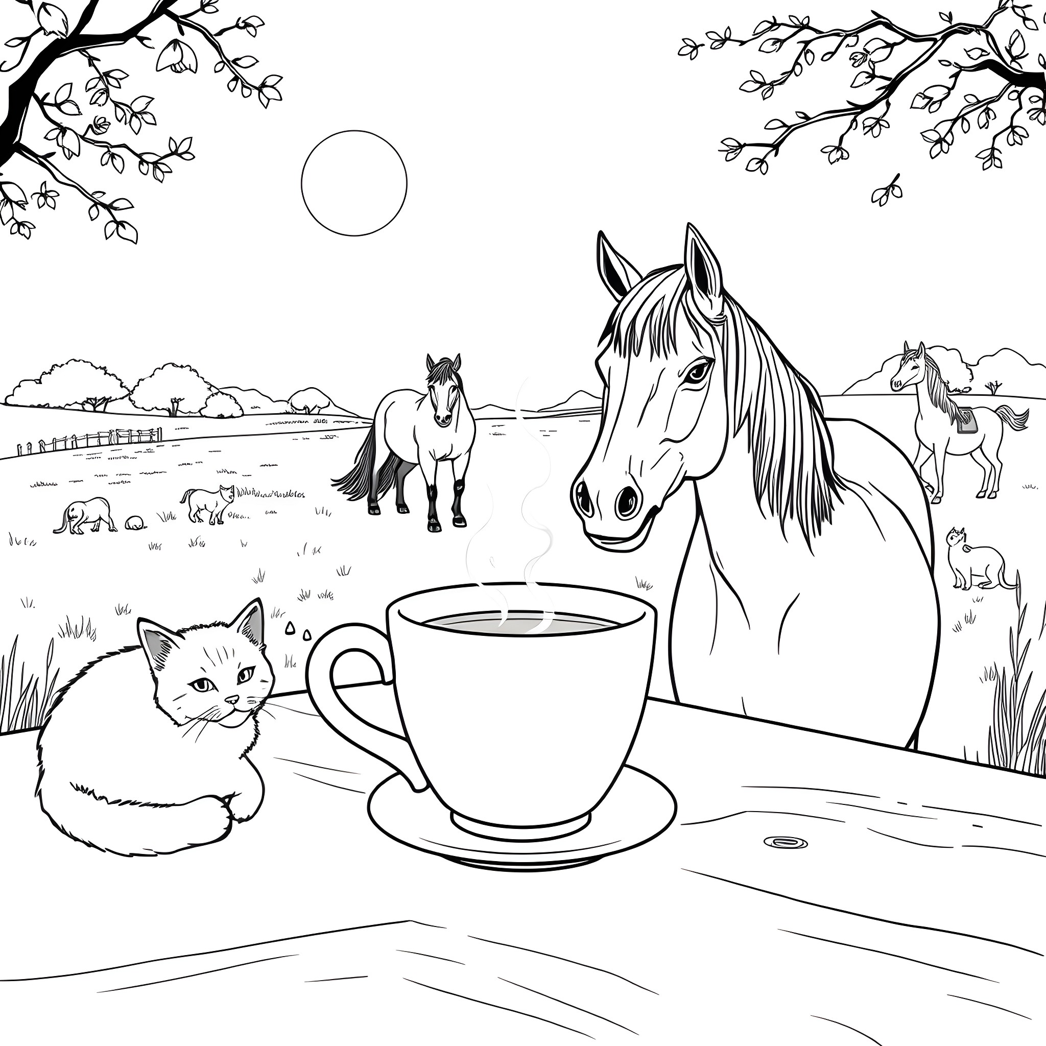 Coffee break on a peaceful countryside scene Coloring Page (free black-and-white line drawing printable PDF for all, from beginners to advanced learners, including children, teens, adults, and seniors)