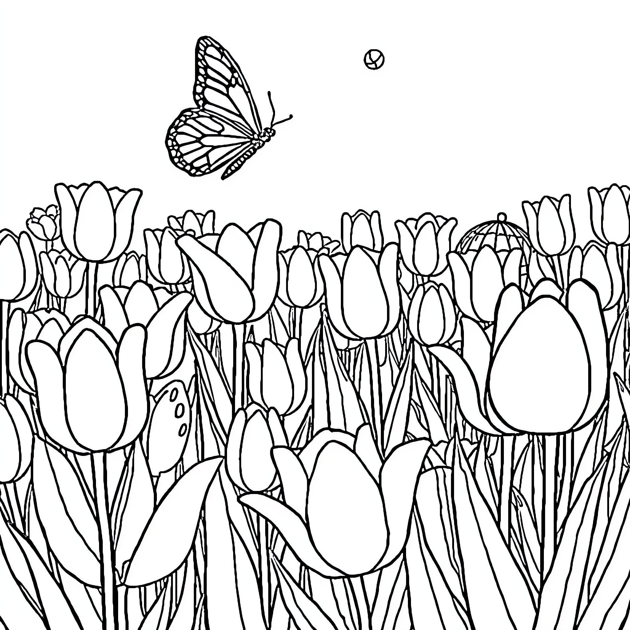 Tulip flowers and butterfly in a garden Coloring Page (free black-and-white line drawing printable PDF for all, from beginners to advanced learners, including children, teens, adults, and seniors)