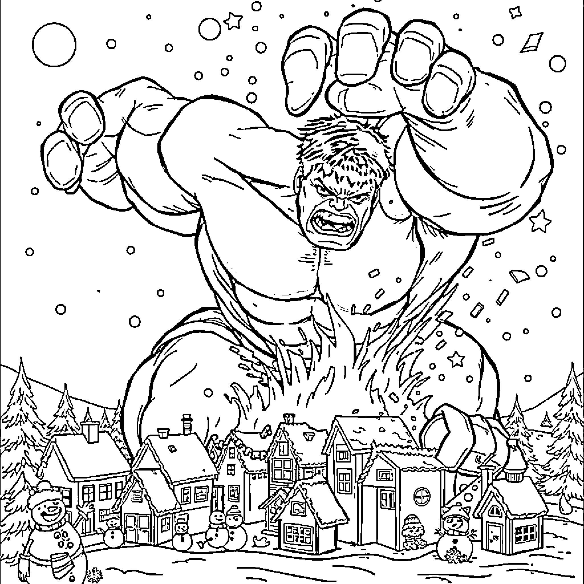 Hulk Unleashing Rage in Winter Wonderland Coloring Page (free black-and-white line drawing printable PDF for all, from beginners to advanced learners, including children, teens, adults, and seniors)