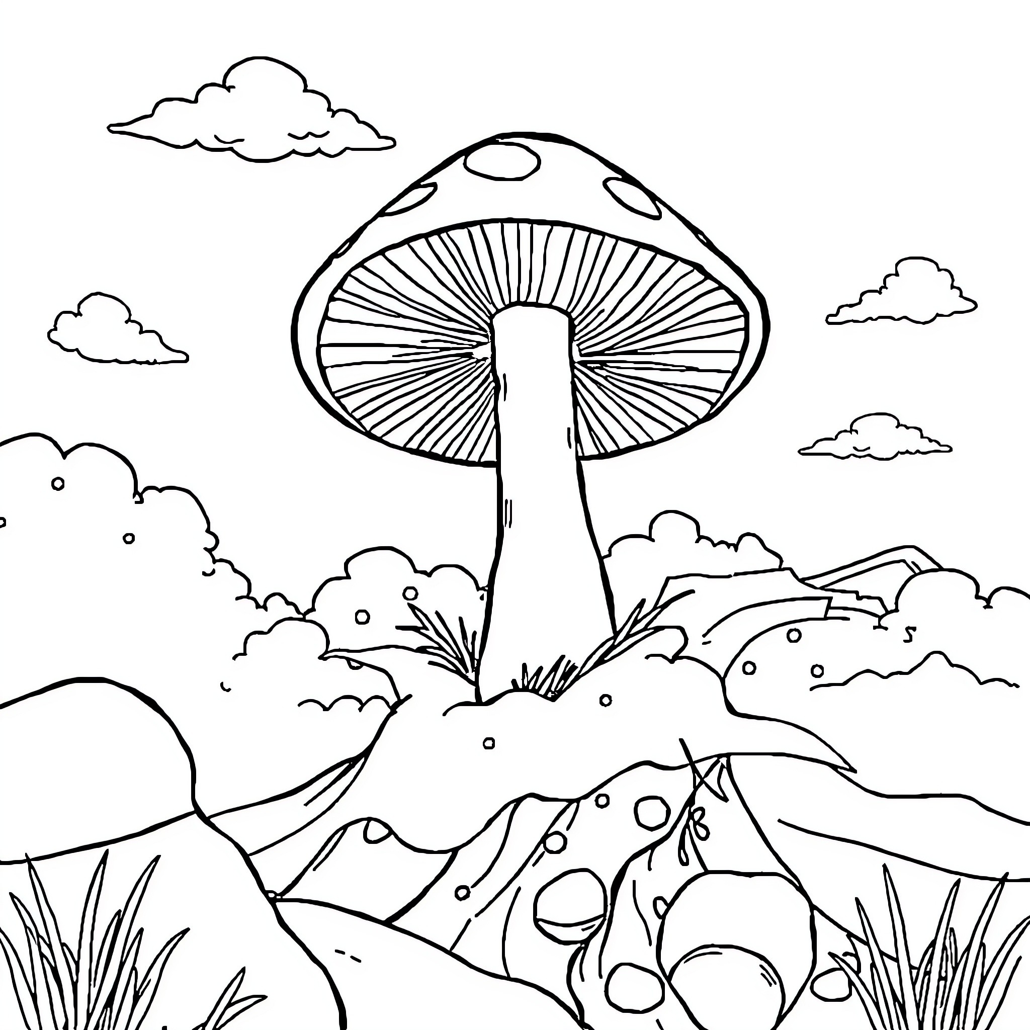 Mushroom growing in a serene nature scene Coloring Page (free black-and-white line drawing printable PDF for all, from beginners to advanced learners, including children, teens, adults, and seniors)