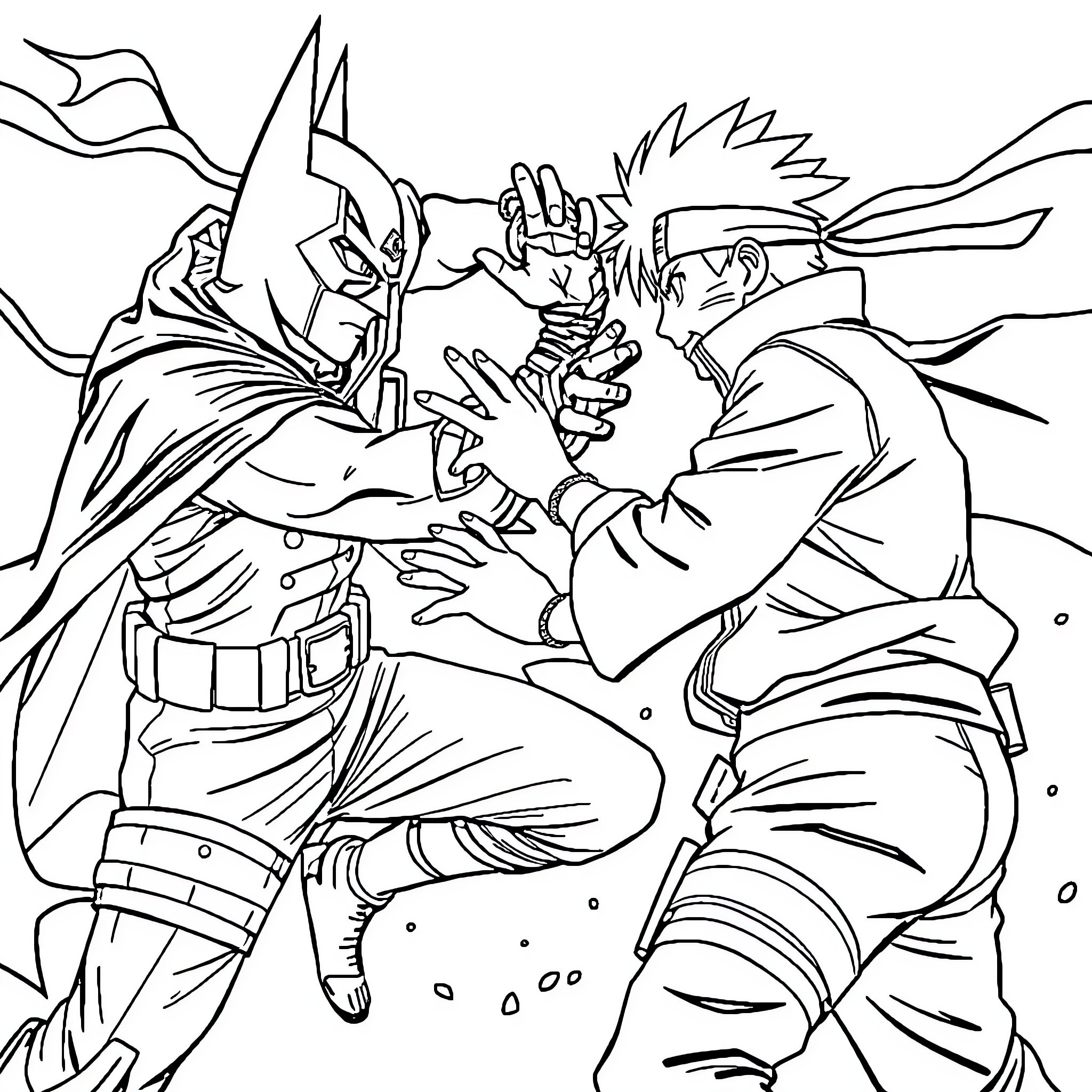 Naruto characters in intense battle Coloring Page (free black-and-white line drawing printable PDF for all, from beginners to advanced learners, including children, teens, adults, and seniors)