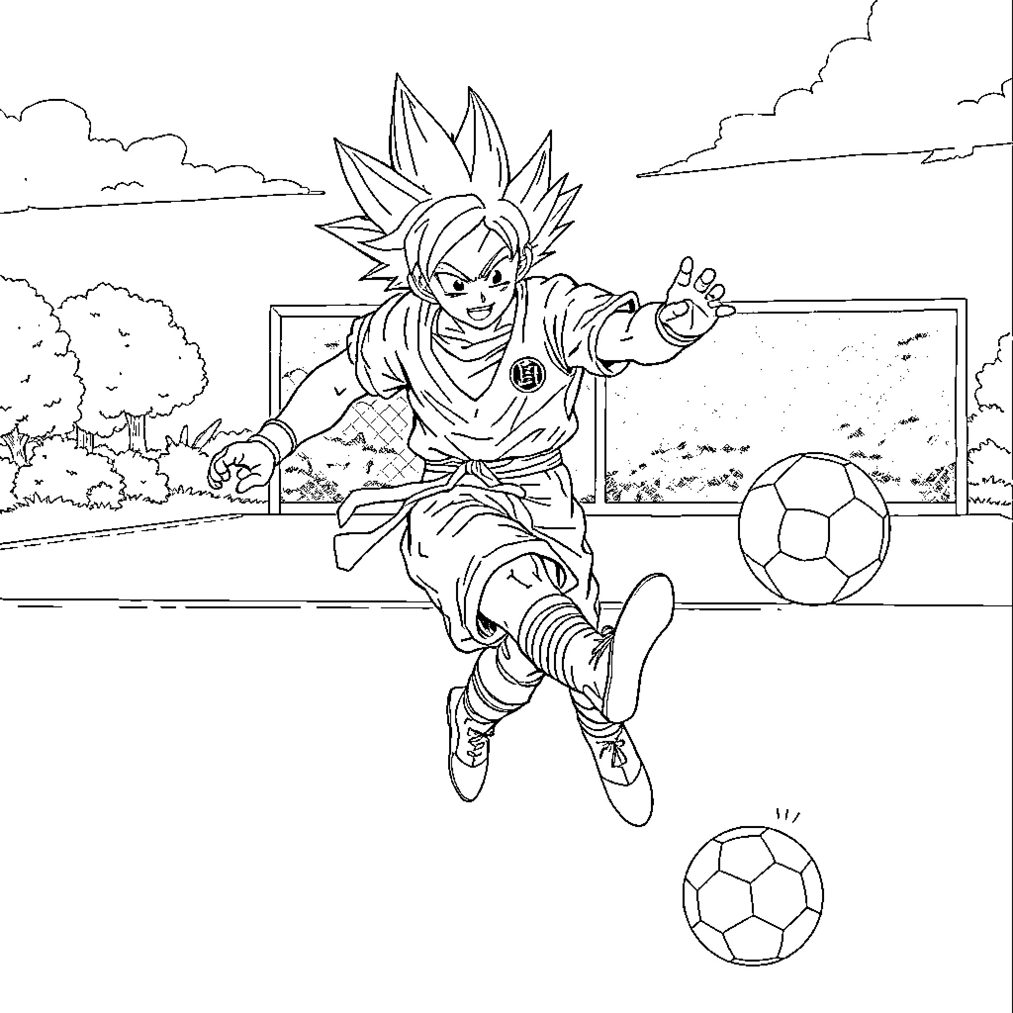Son Goku Playing Soccer in the Park Coloring Page (free black-and-white line drawing printable PDF for all, from beginners to advanced learners, including children, teens, adults, and seniors)