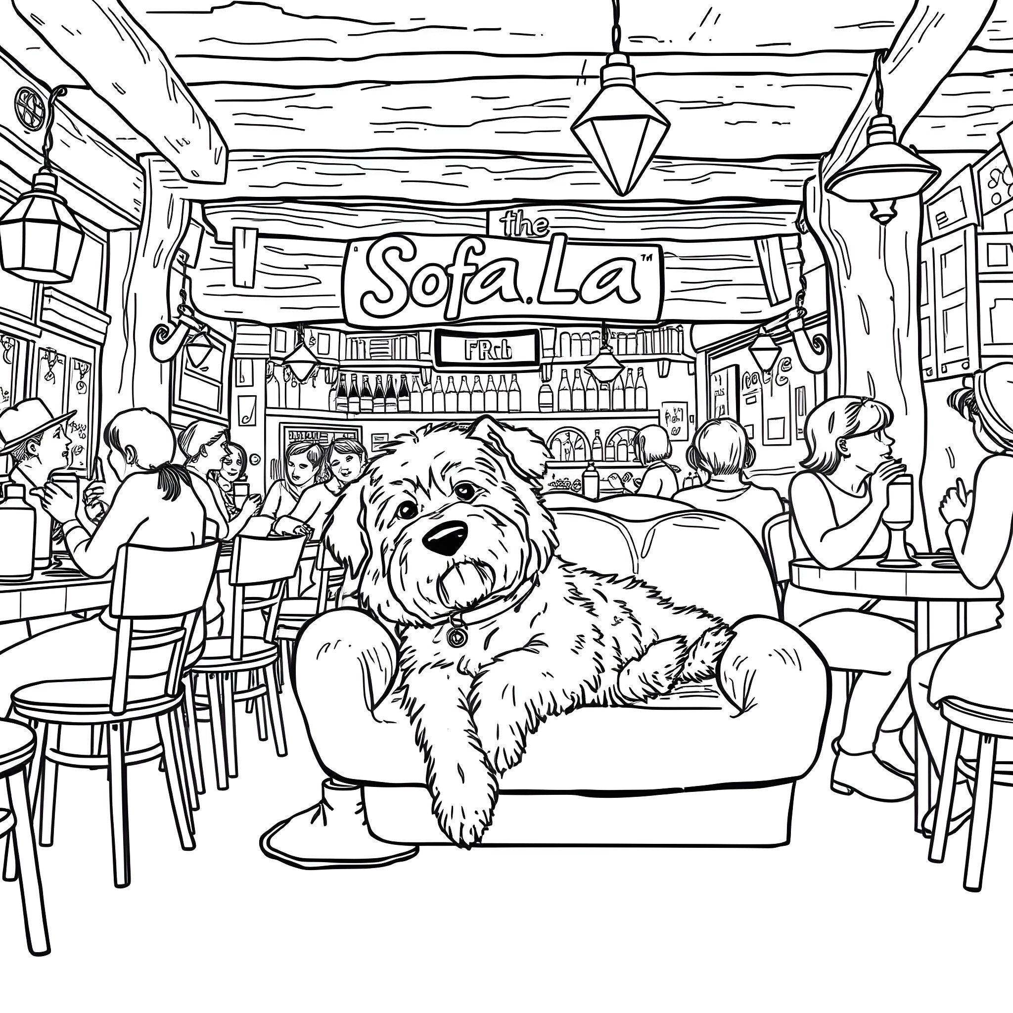Schoodle: Dog relaxing in cozy cafe with customers Coloring Page (free black-and-white line drawing printable PDF for all, from beginners to advanced learners, including children, teens, adults, and seniors)
