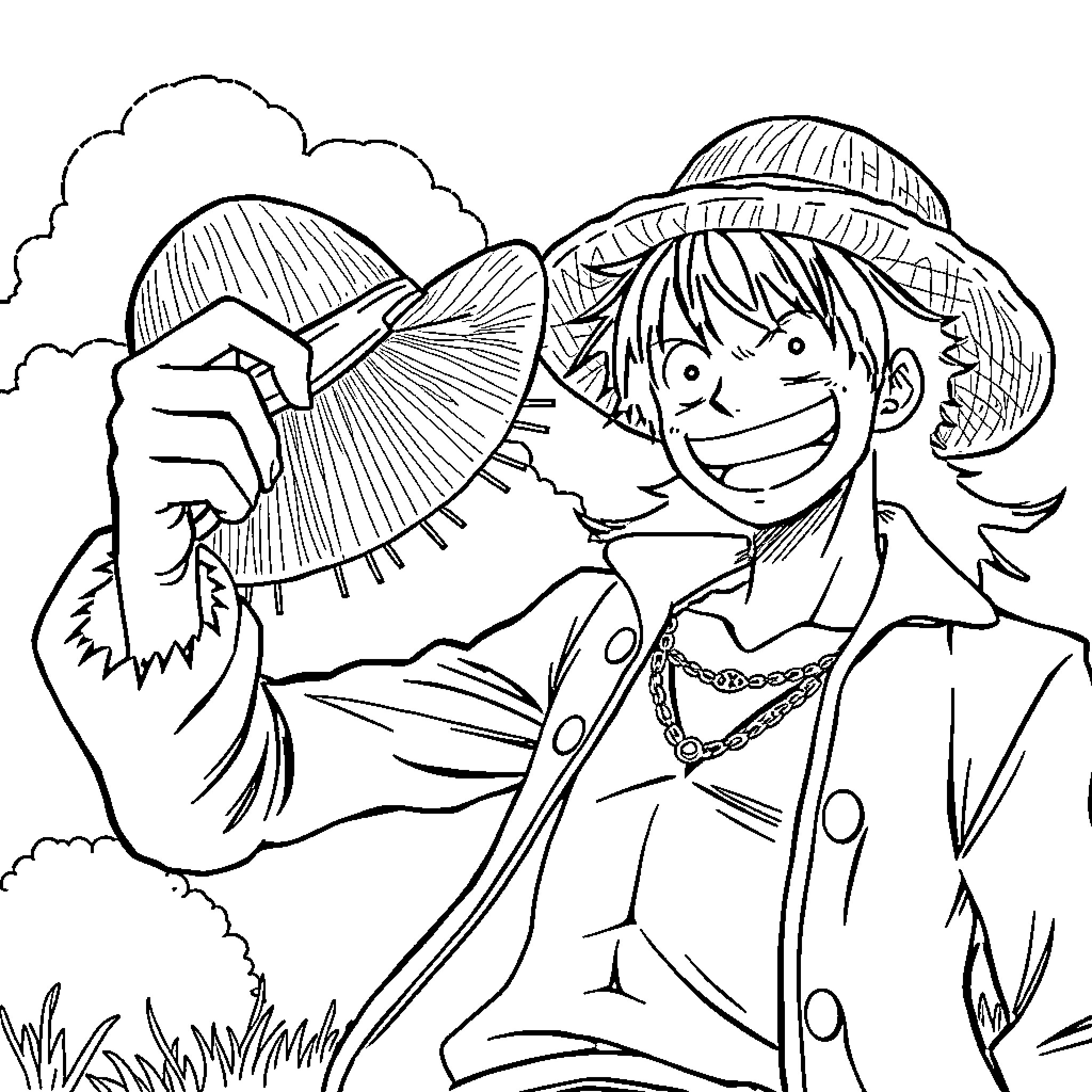 Luffy exploring the outdoors with enthusiasm Coloring Page (free black-and-white line drawing printable PDF for all, from beginners to advanced learners, including children, teens, adults, and seniors)