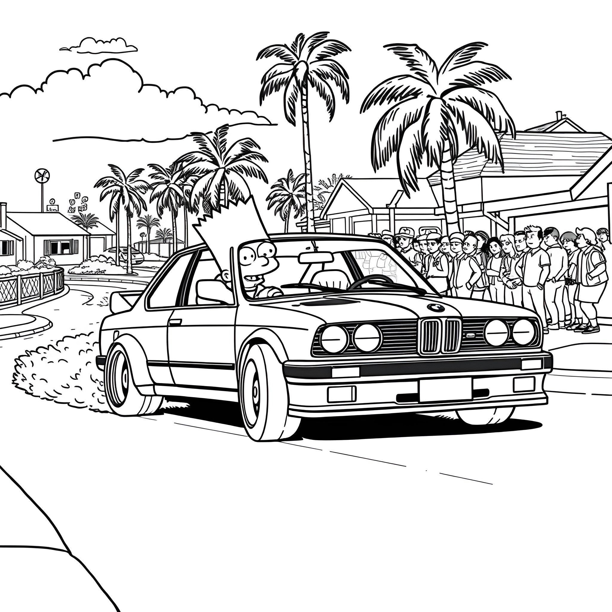 Bart Simpson's car cruise through tropical paradise Coloring Page (free black-and-white line drawing printable PDF for all, from beginners to advanced learners, including children, teens, adults, and seniors)