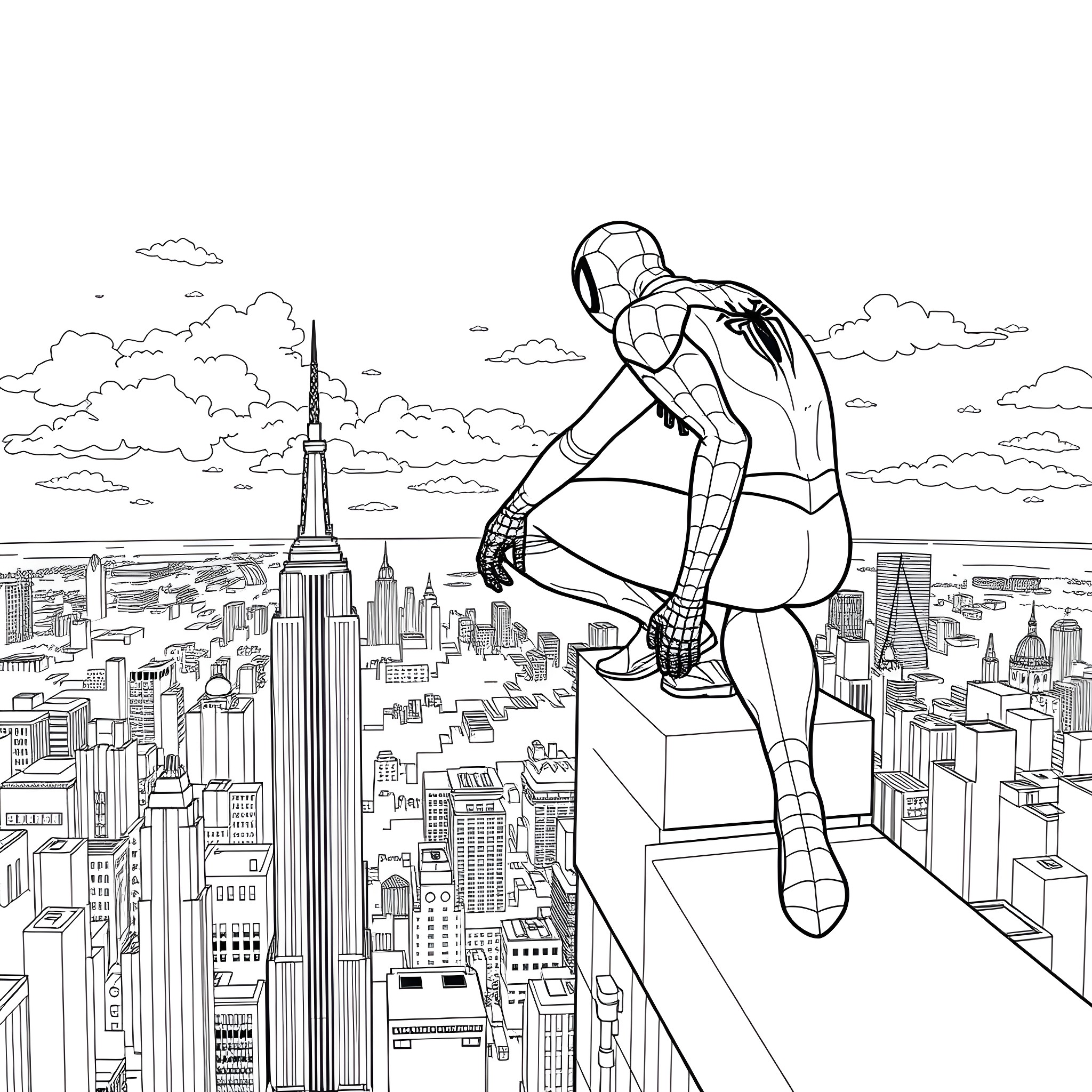 Spiderman surveying the city from a high vantage point Coloring Page (free black-and-white line drawing printable PDF for all, from beginners to advanced learners, including children, teens, adults, and seniors)