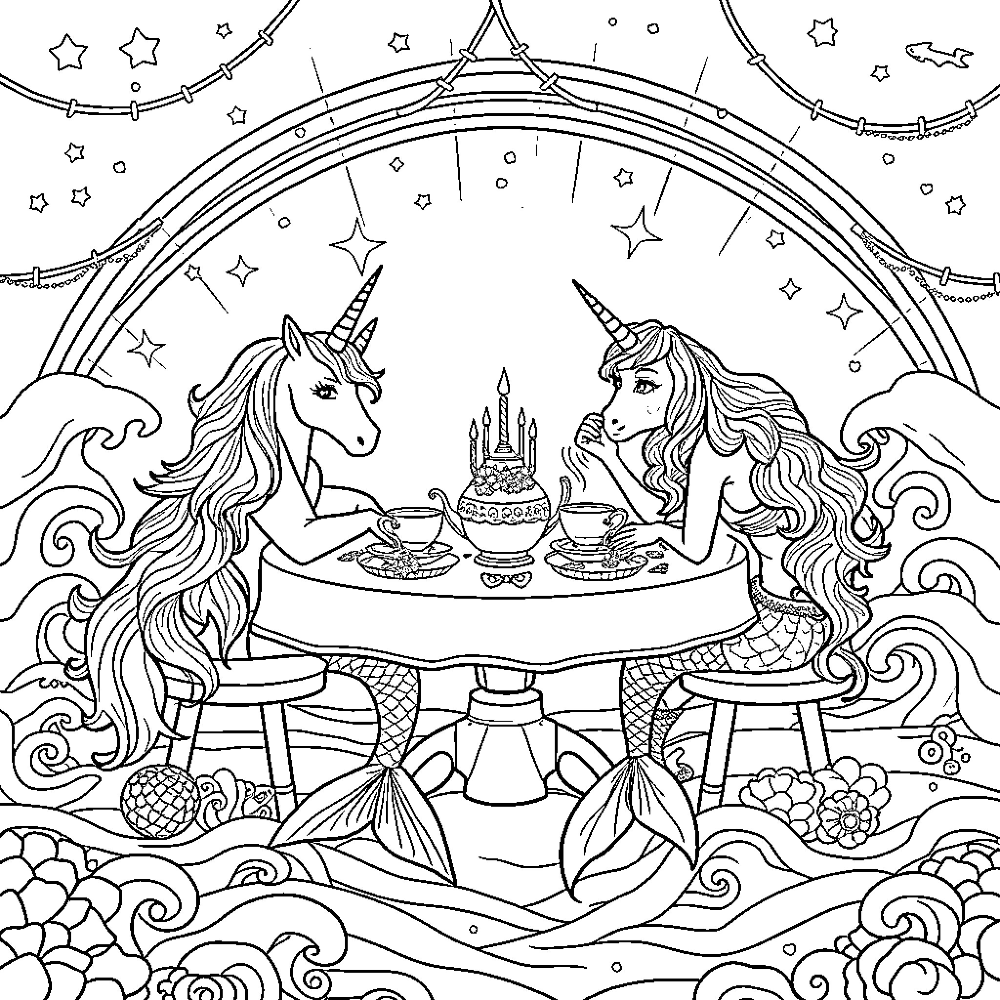 Unicorn friends having a magical tea party under the stars Coloring Page (free black-and-white line drawing printable PDF for all, from beginners to advanced learners, including children, teens, adults, and seniors)