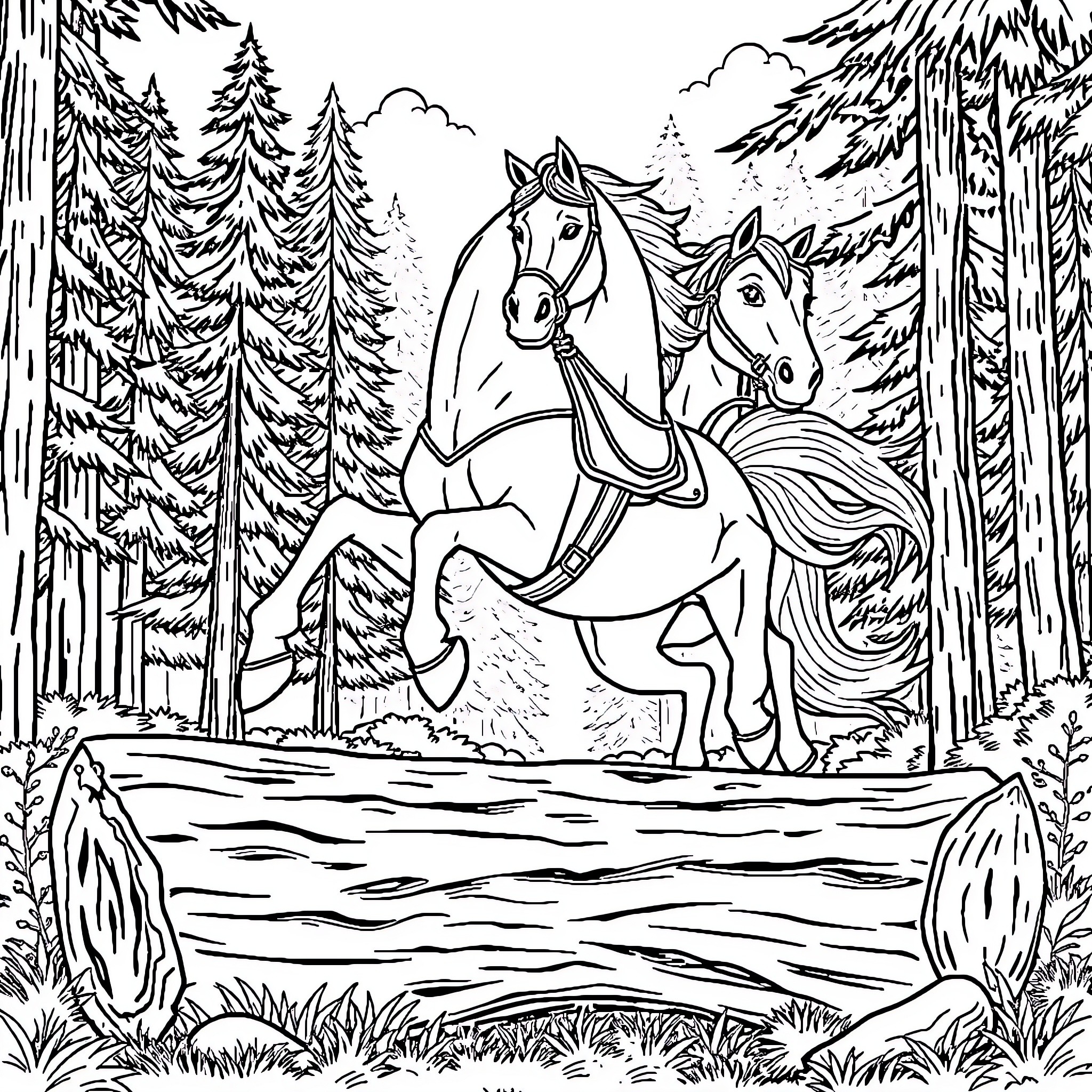 Horse riding through the enchanted forest Coloring Page (free black-and-white line drawing printable PDF for all, from beginners to advanced learners, including children, teens, adults, and seniors)