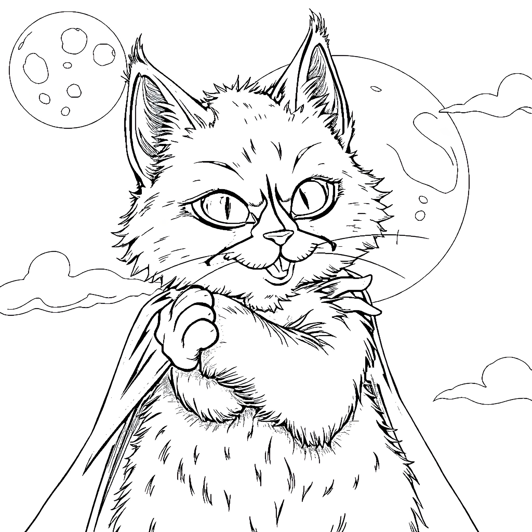 Cat gazing up at the moon in the night sky Coloring Page (free black-and-white line drawing printable PDF for all, from beginners to advanced learners, including children, teens, adults, and seniors)