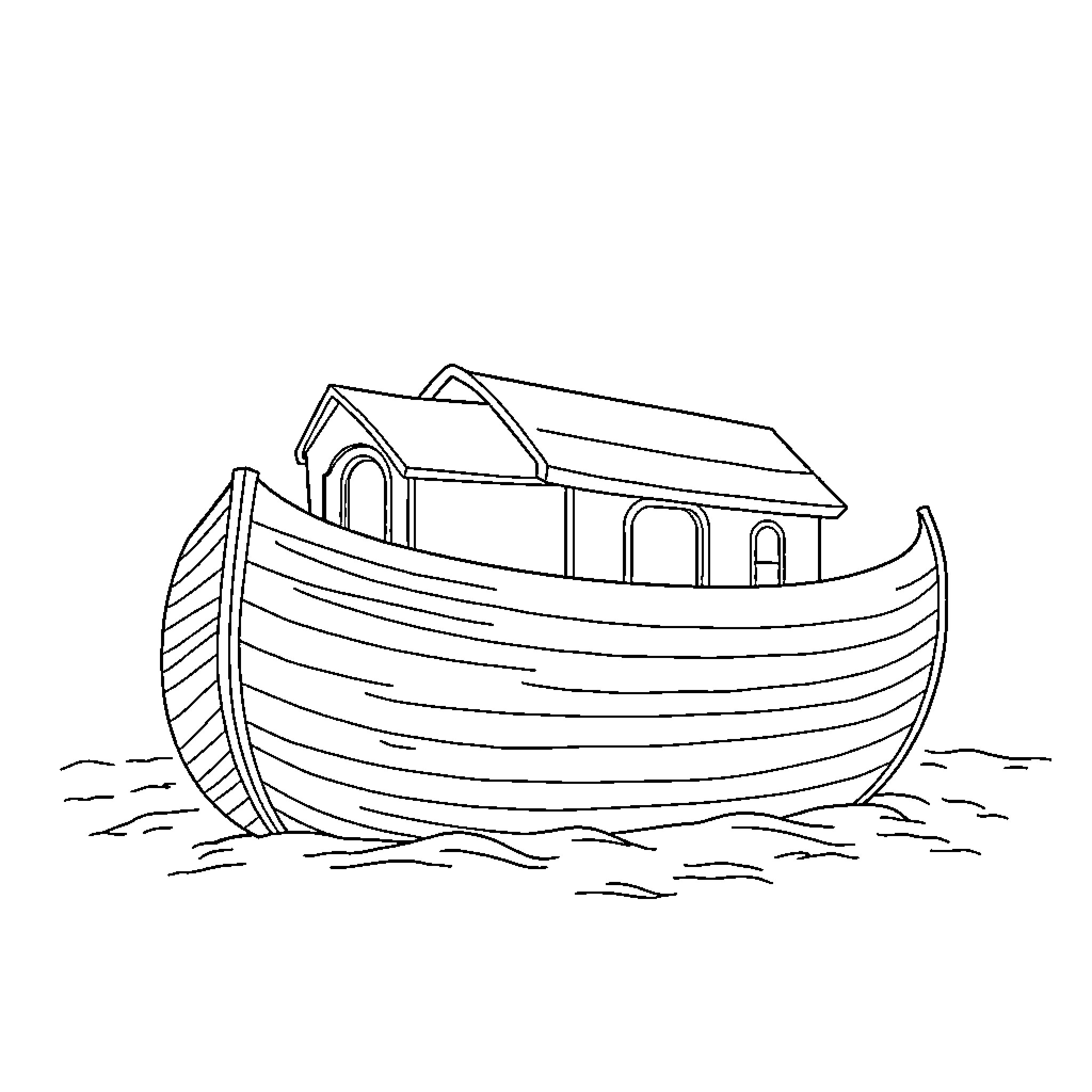 Noah's Ark Floating on the Waters Coloring Page (free black-and-white line drawing printable PDF for all, from beginners to advanced learners, including children, teens, adults, and seniors)