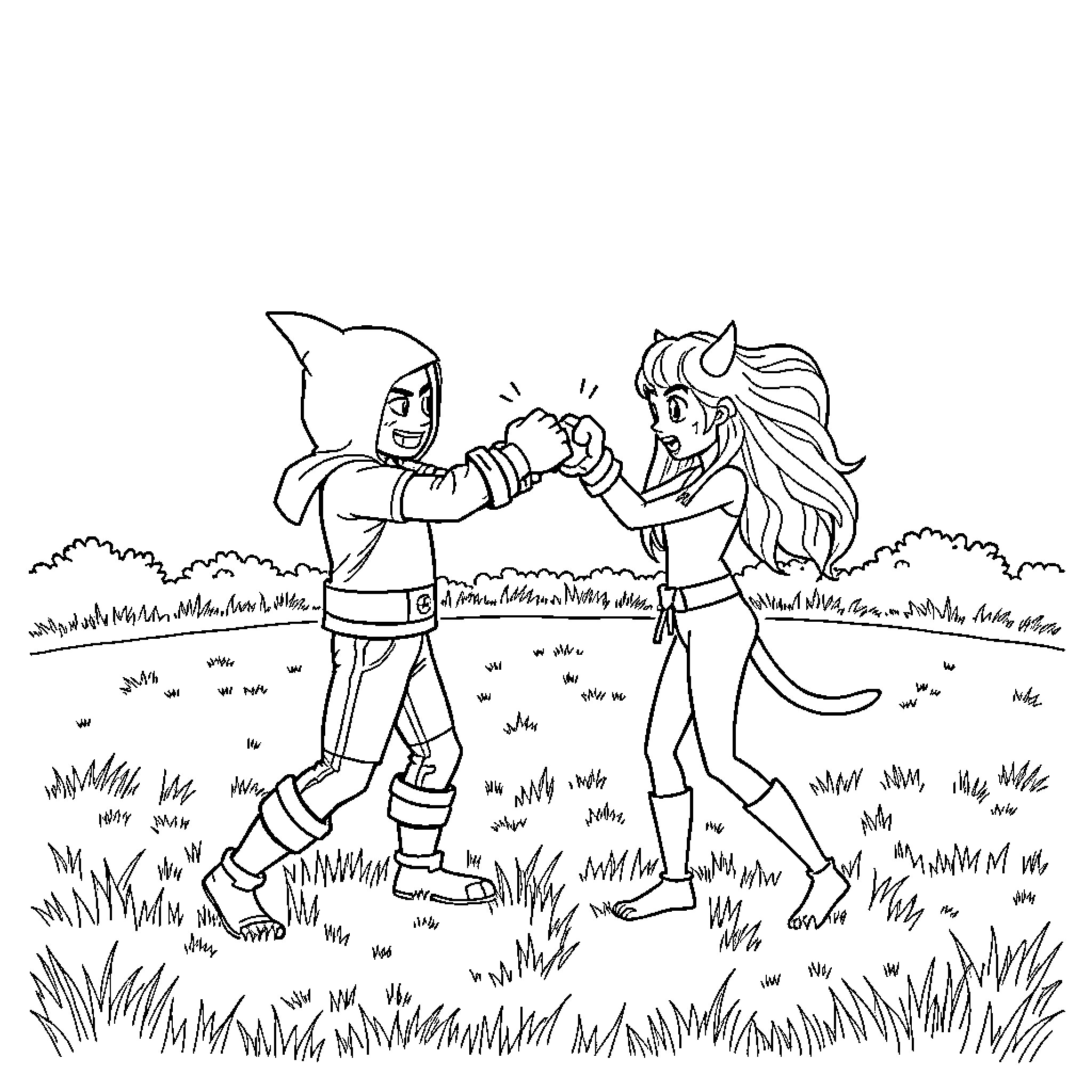 Rumi's outdoor adventure with a friend Coloring Page (free black-and-white line drawing printable PDF for all, from beginners to advanced learners, including children, teens, adults, and seniors)