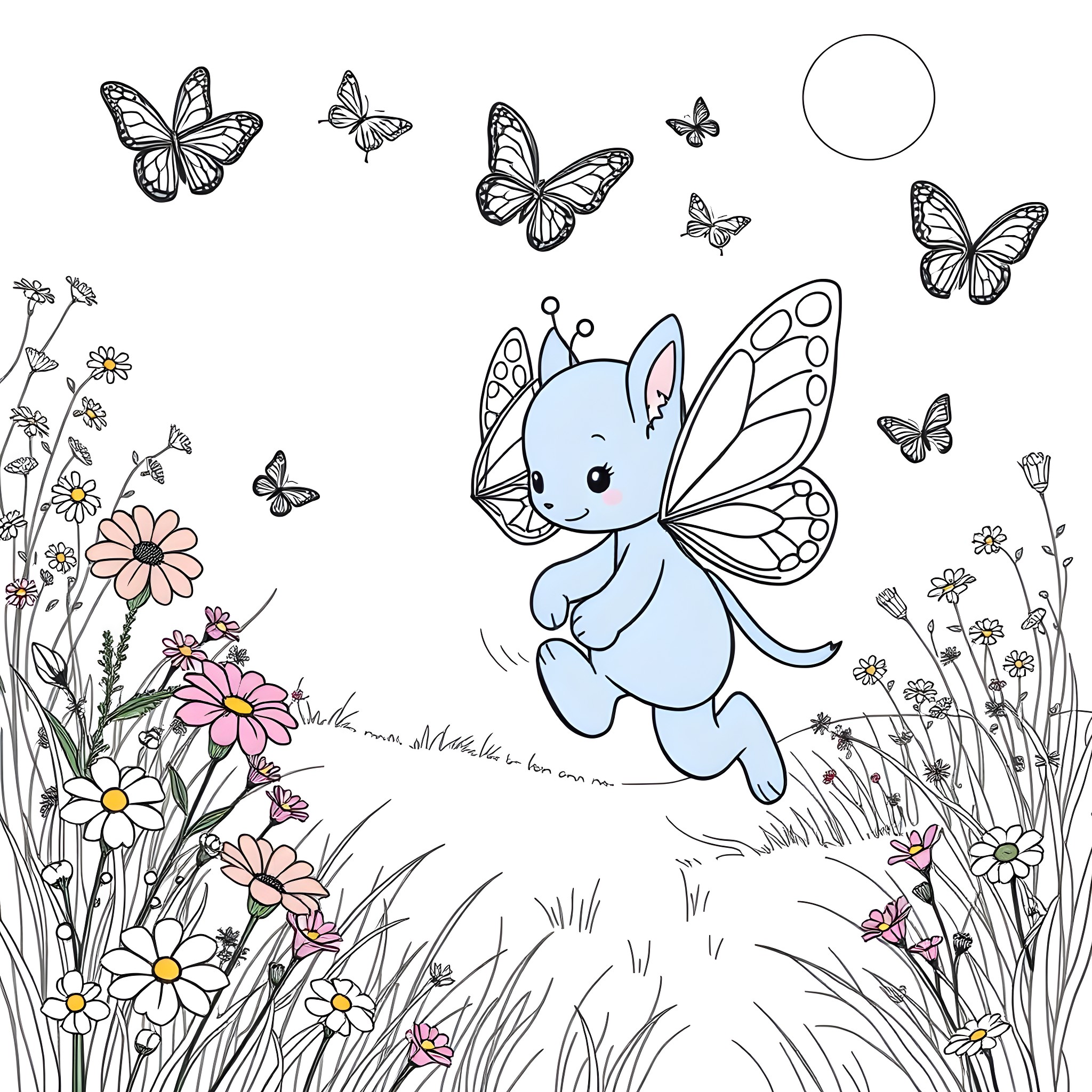 Bluey the Fairy Frolicking in a Whimsical Meadow Coloring Page (free black-and-white line drawing printable PDF for all, from beginners to advanced learners, including children, teens, adults, and seniors)