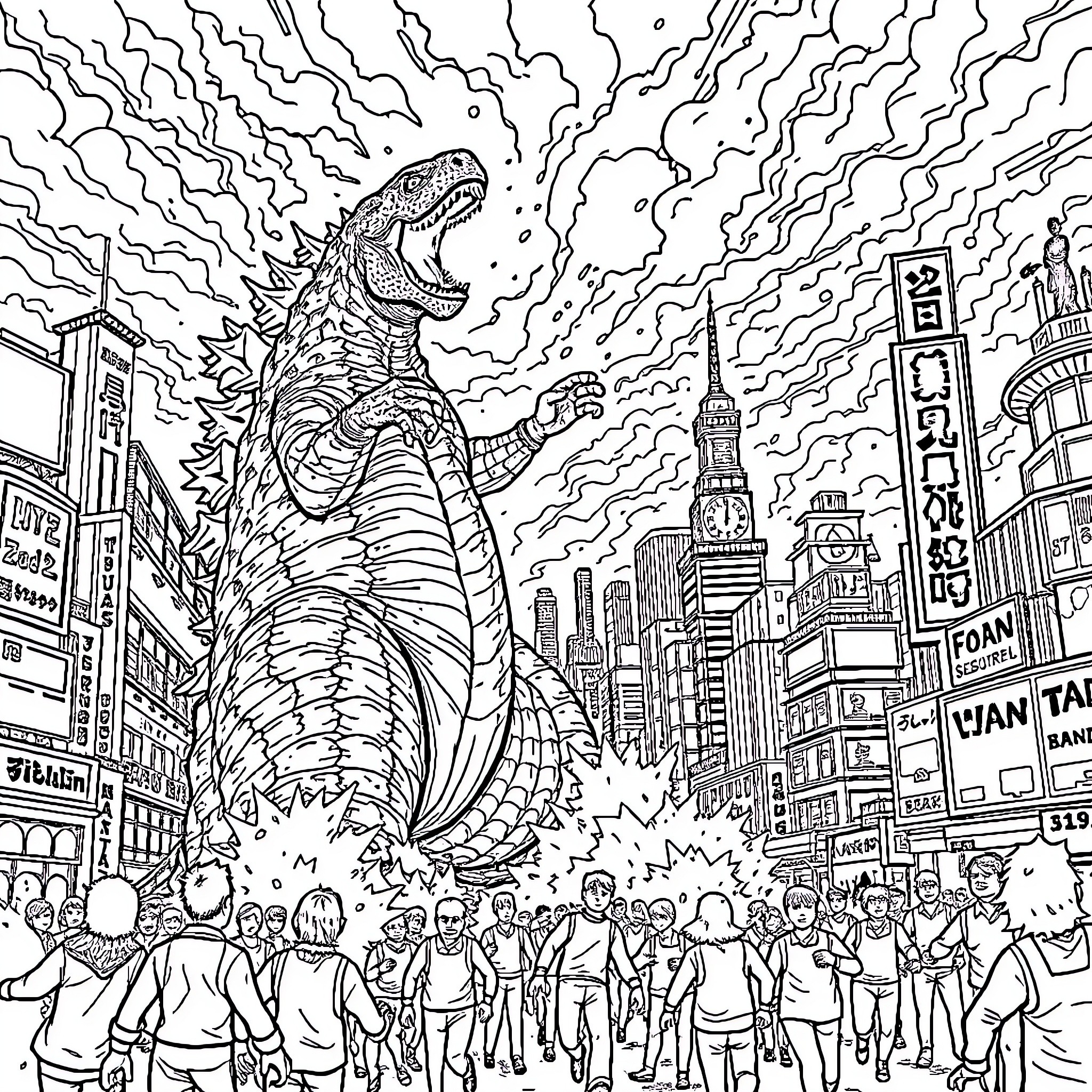 Godzilla Unleashes Havoc in the City Coloring Page (free black-and-white line drawing printable PDF for all, from beginners to advanced learners, including children, teens, adults, and seniors)