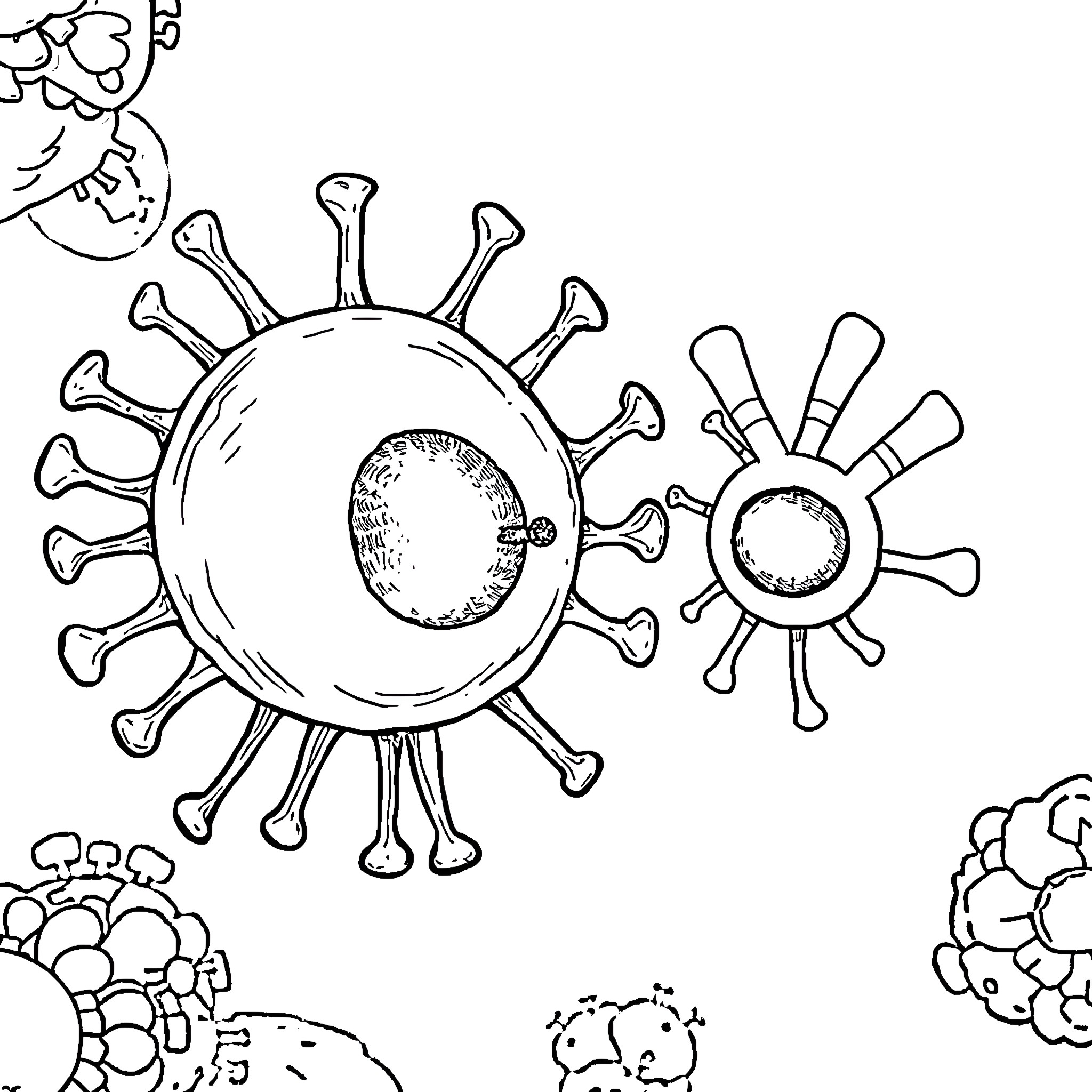 Phagocyte cells battling viral invaders Coloring Page (free black-and-white line drawing printable PDF for all, from beginners to advanced learners, including children, teens, adults, and seniors)