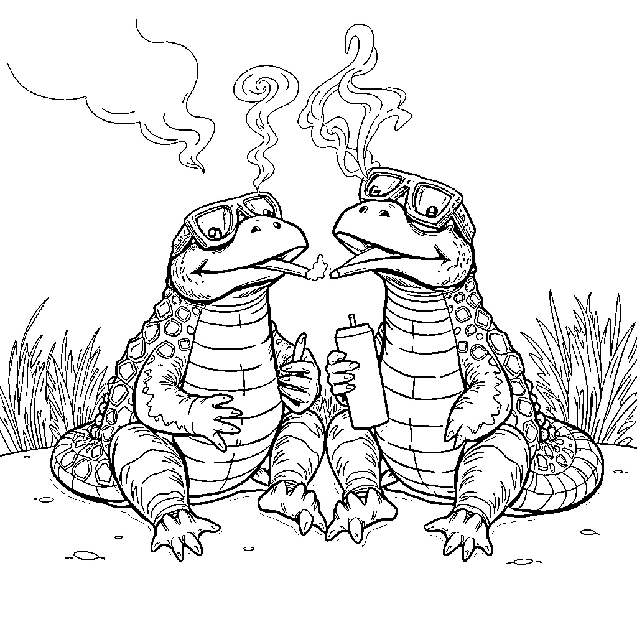 Platypus friends sharing a smoke break in the grass Coloring Page (free black-and-white line drawing printable PDF for all, from beginners to advanced learners, including children, teens, adults, and seniors)