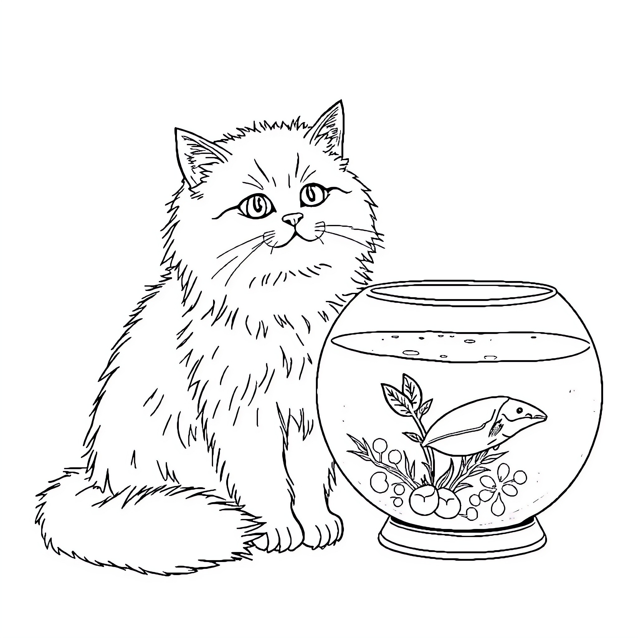 Cat admiring fish in aquarium Coloring Page (free black-and-white line drawing printable PDF for all, from beginners to advanced learners, including children, teens, adults, and seniors)