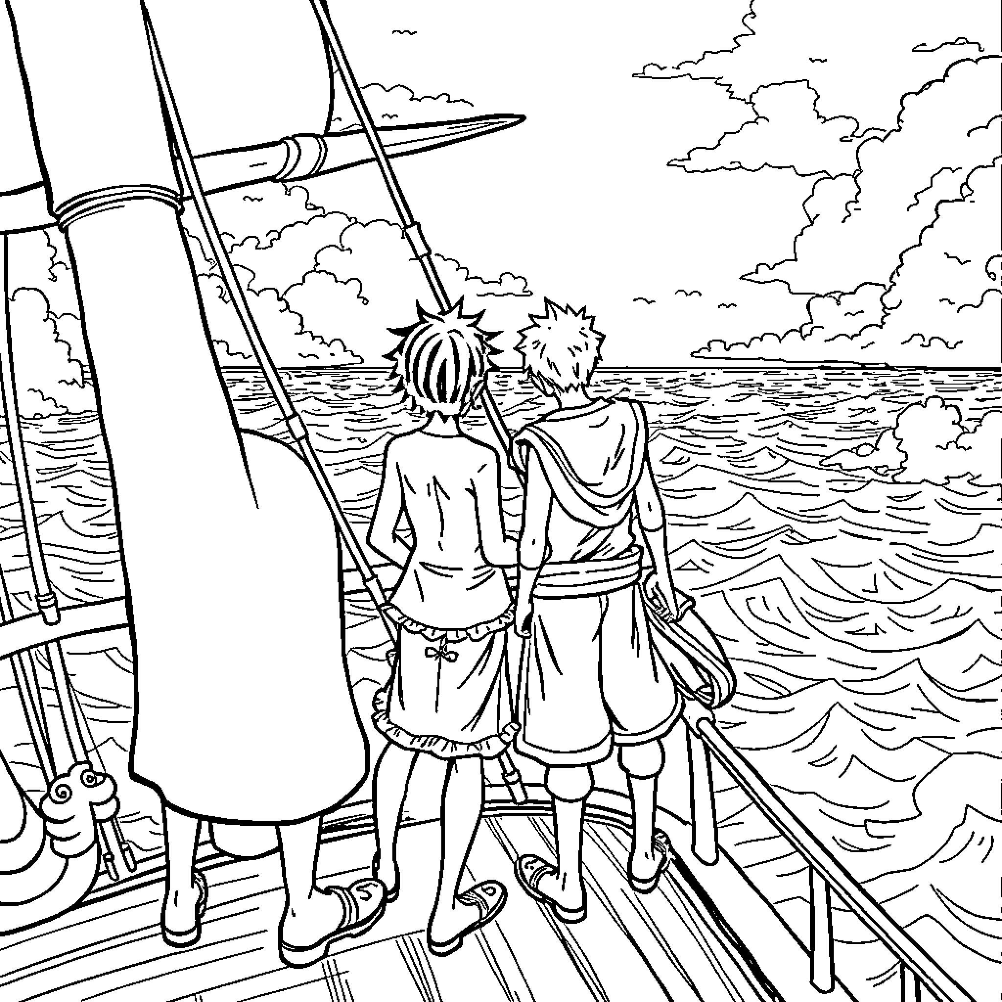 Piece of friends sailing on a boat Coloring Page (free black-and-white line drawing printable PDF for all, from beginners to advanced learners, including children, teens, adults, and seniors)