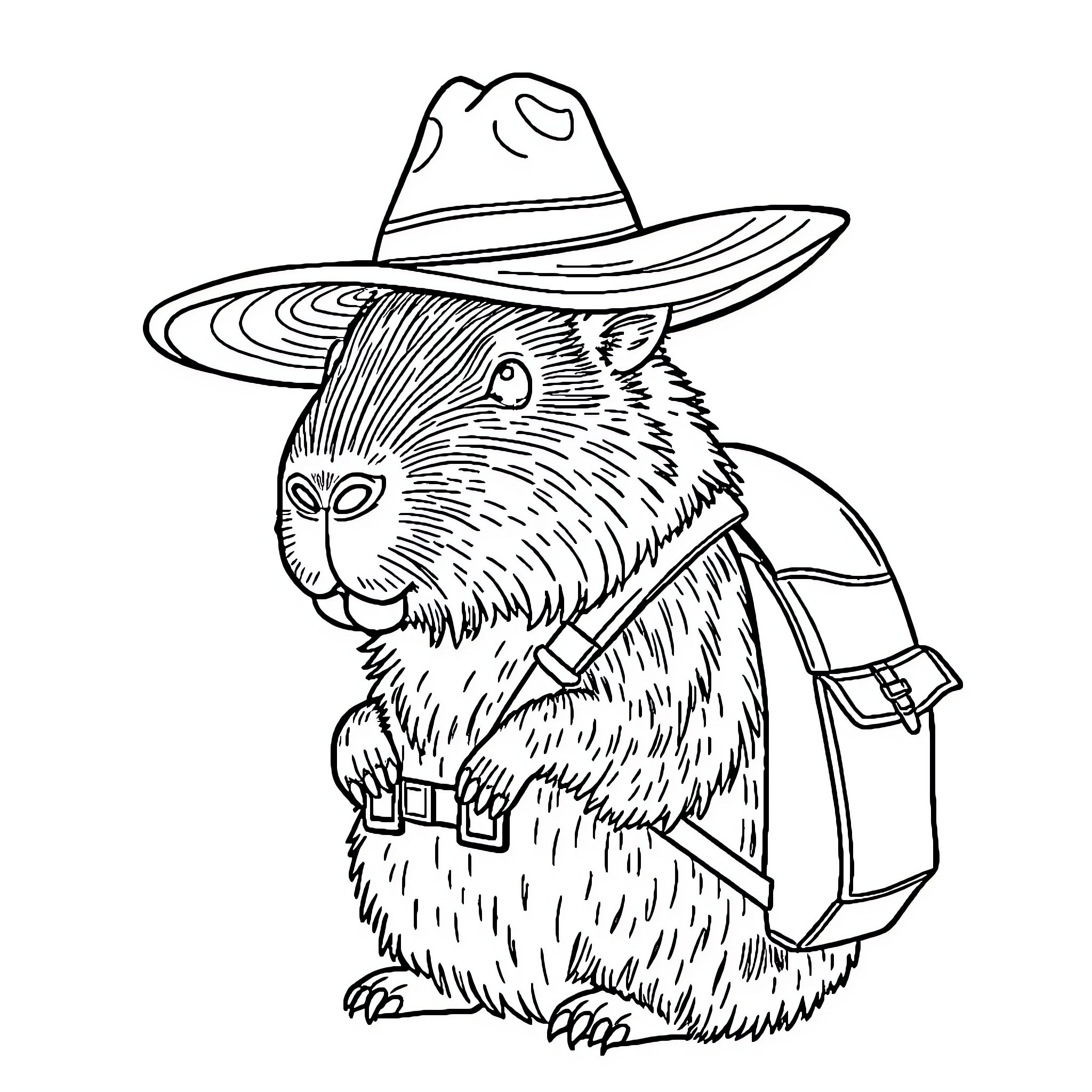 Capybara hiking with backpack and hat Coloring Page (free black-and-white line drawing printable PDF for all, from beginners to advanced learners, including children, teens, adults, and seniors)