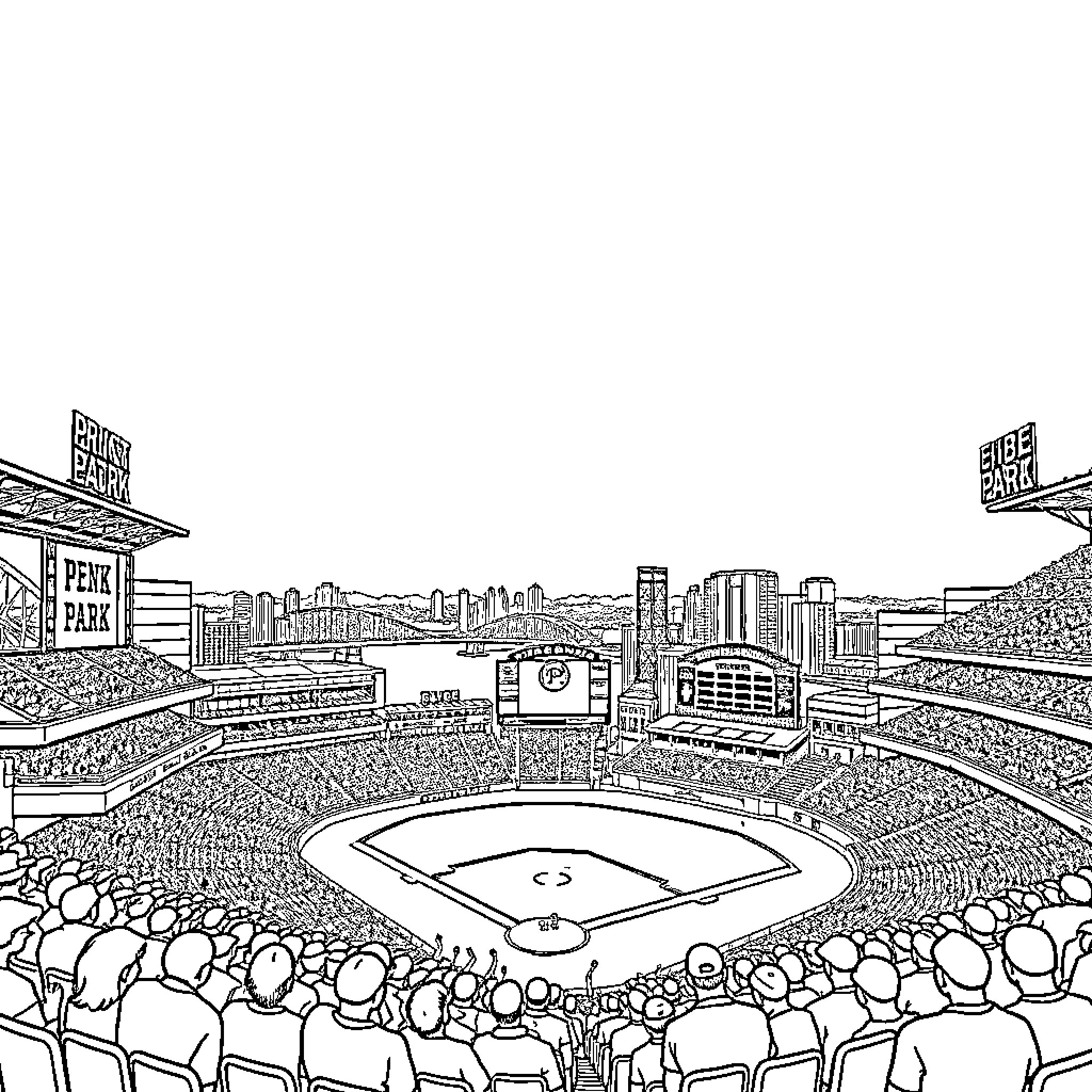 PNC Park: Bustling Baseball Game Atmosphere Coloring Page (free black-and-white line drawing printable PDF for all, from beginners to advanced learners, including children, teens, adults, and seniors)
