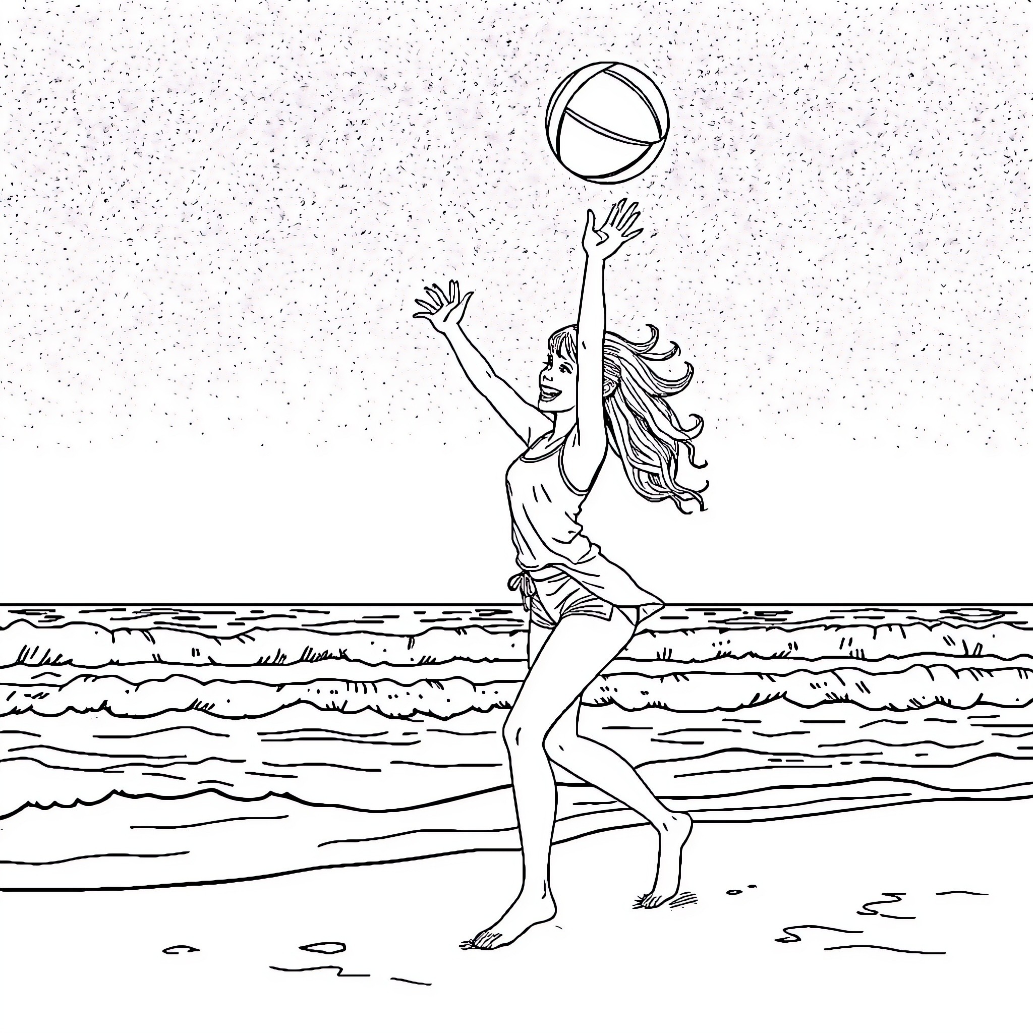 Girl playing with beach ball on the shore Coloring Page (free black-and-white line drawing printable PDF for all, from beginners to advanced learners, including children, teens, adults, and seniors)