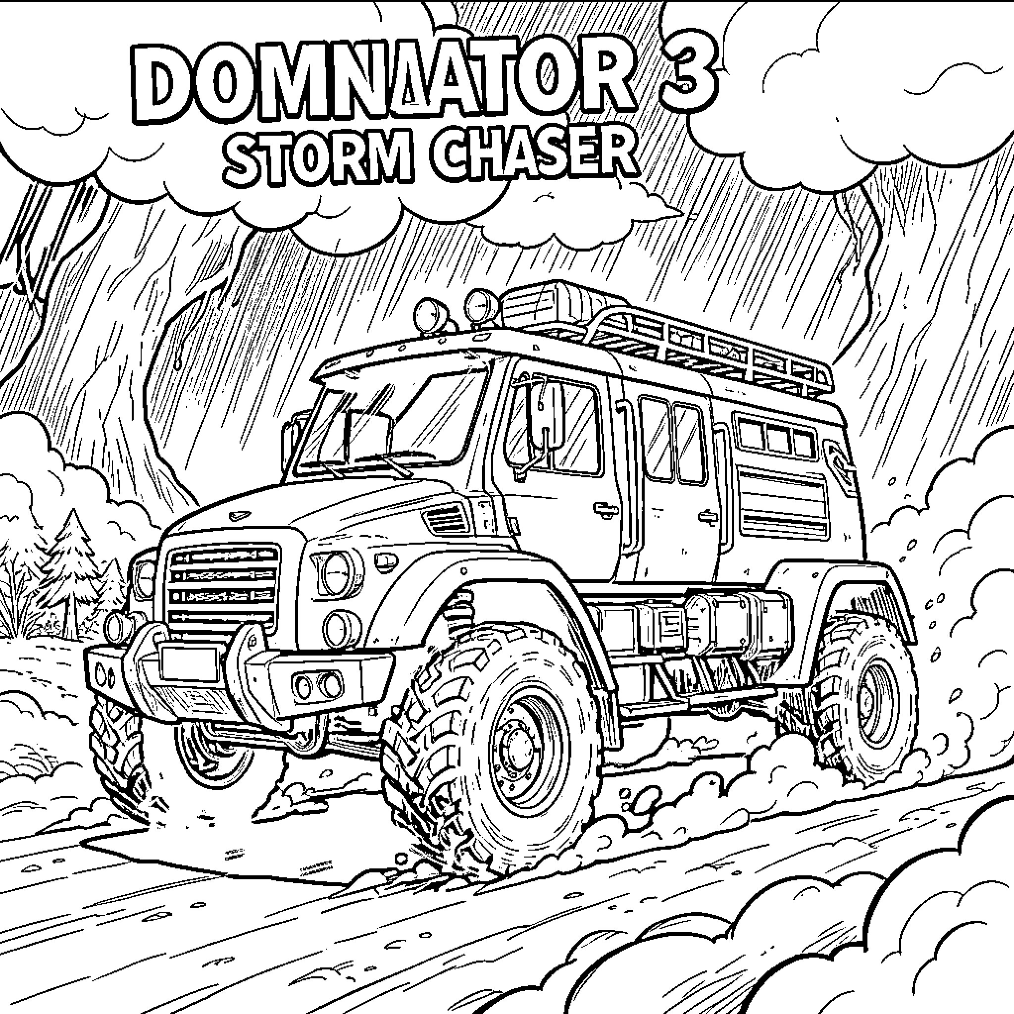 Dominator 3 storm chasing vehicle driving through heavy clouds Coloring Page (free black-and-white line drawing printable PDF for all, from beginners to advanced learners, including children, teens, adults, and seniors)