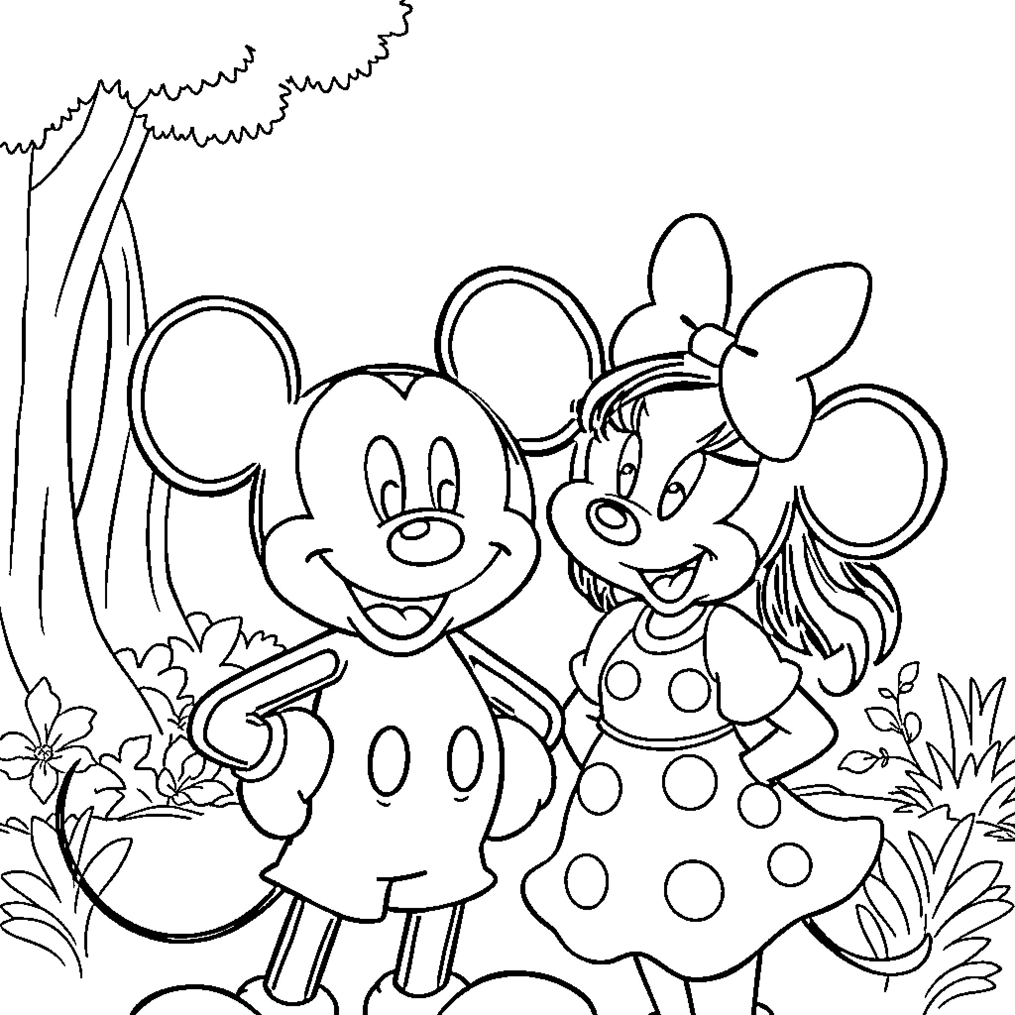 Mickey Mouse and Minnie Mouse in a garden setting Coloring Page (free black-and-white line drawing printable PDF for all, from beginners to advanced learners, including children, teens, adults, and seniors)