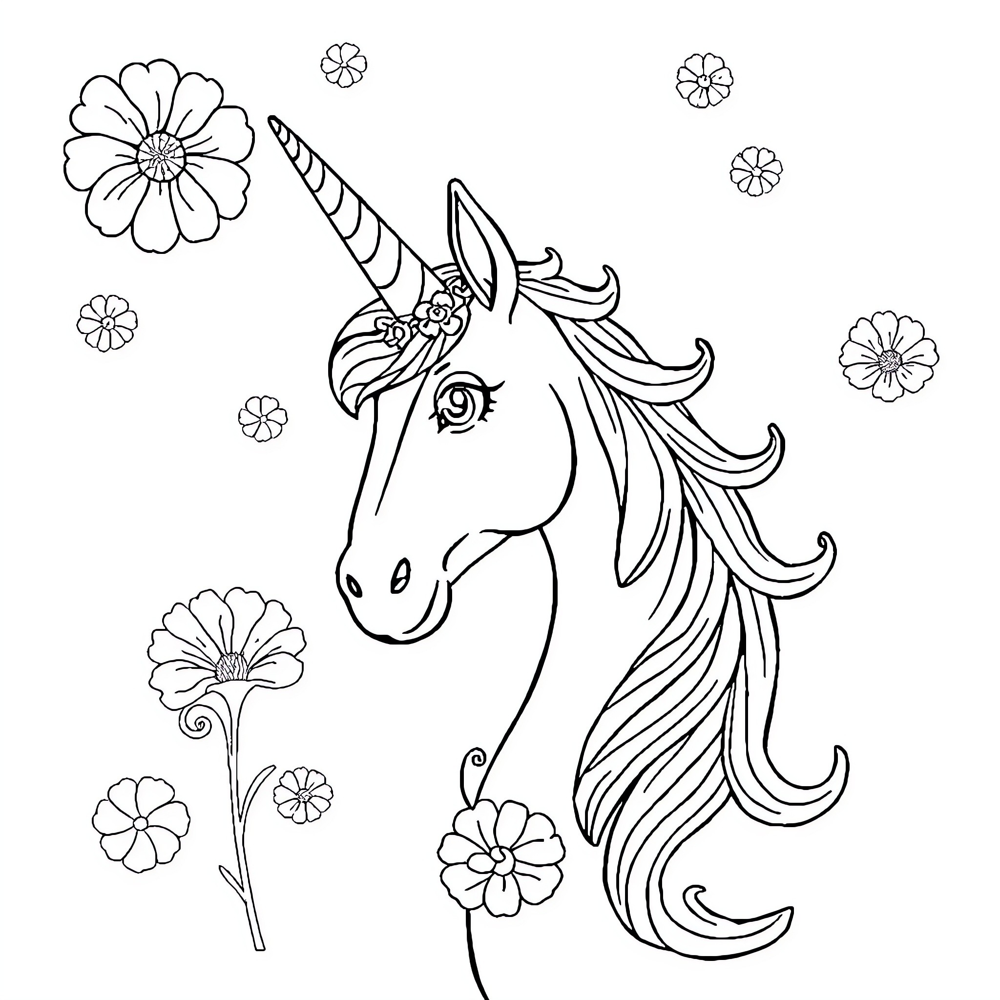 Unicorn enjoying a floral garden Coloring Page (free black-and-white line drawing printable PDF for all, from beginners to advanced learners, including children, teens, adults, and seniors)