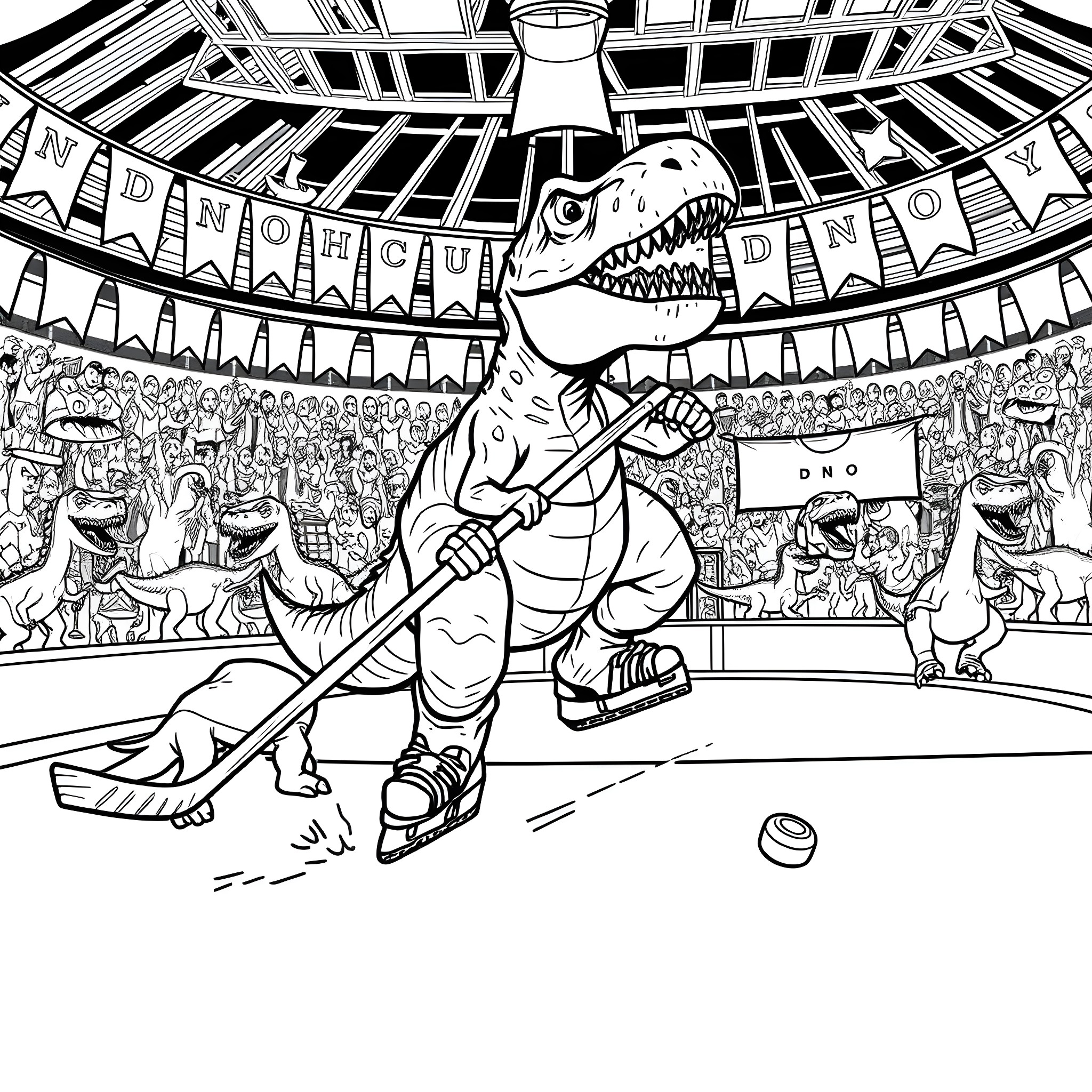 T-Rex Playing Hockey in a Stadium Coloring Page (free black-and-white line drawing printable PDF for all, from beginners to advanced learners, including children, teens, adults, and seniors)
