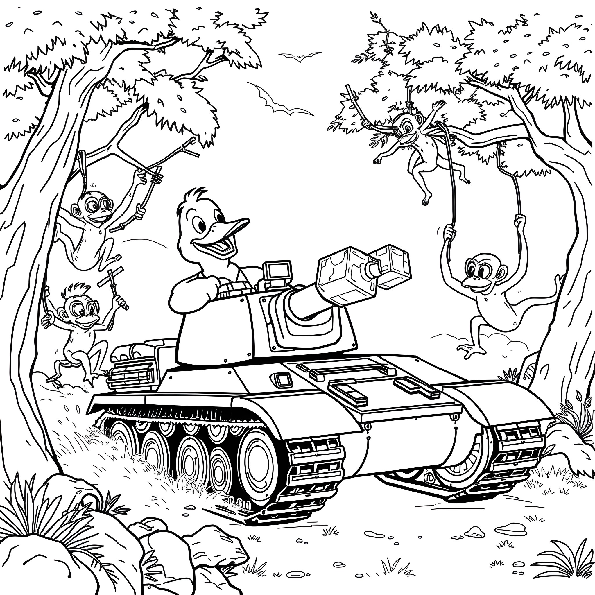 Duck Driving Tank Through Jungle with Friends Coloring Page (free black-and-white line drawing printable PDF for all, from beginners to advanced learners, including children, teens, adults, and seniors)