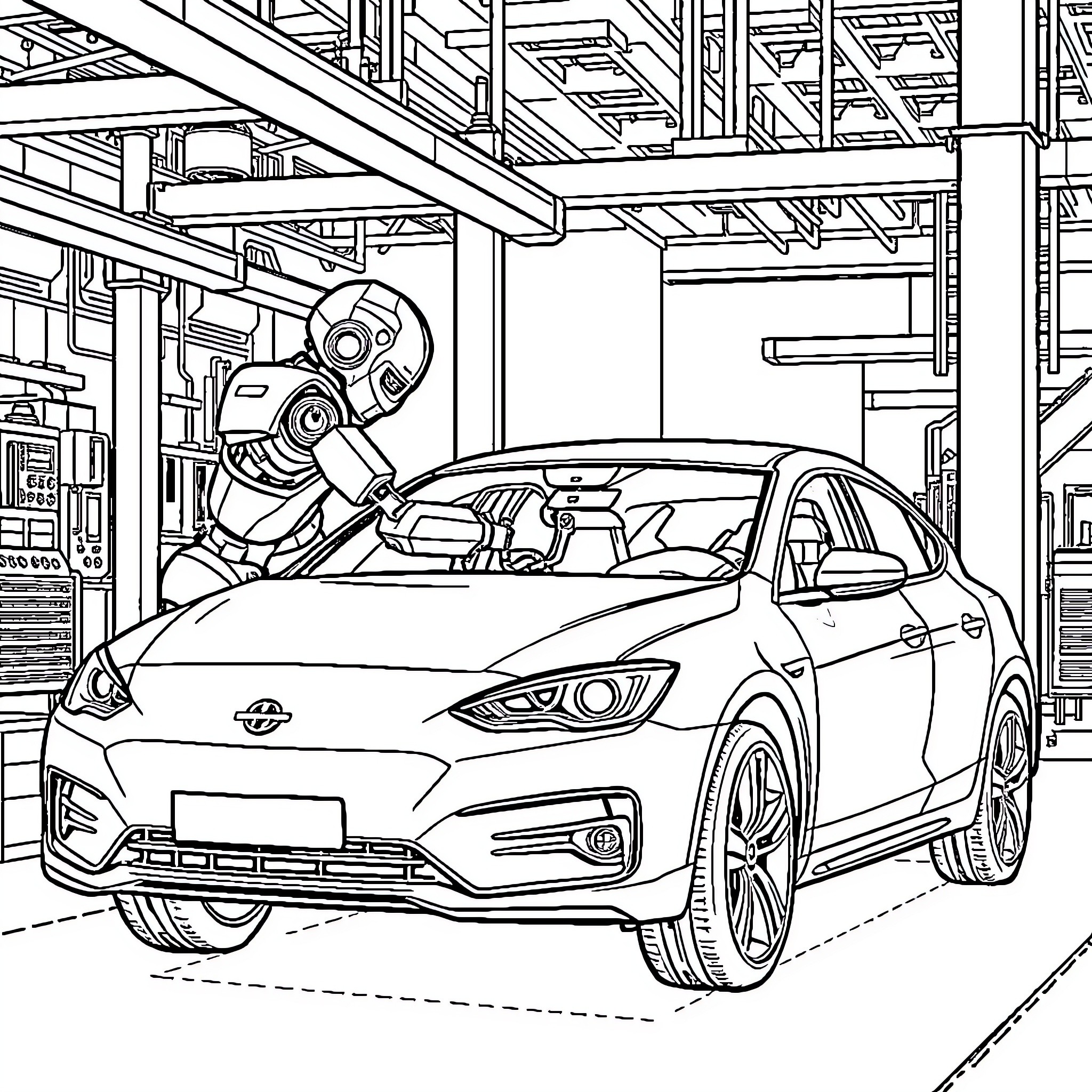 Robot inspecting modern electric vehicle in factory Coloring Page (free black-and-white line drawing printable PDF for all, from beginners to advanced learners, including children, teens, adults, and seniors)