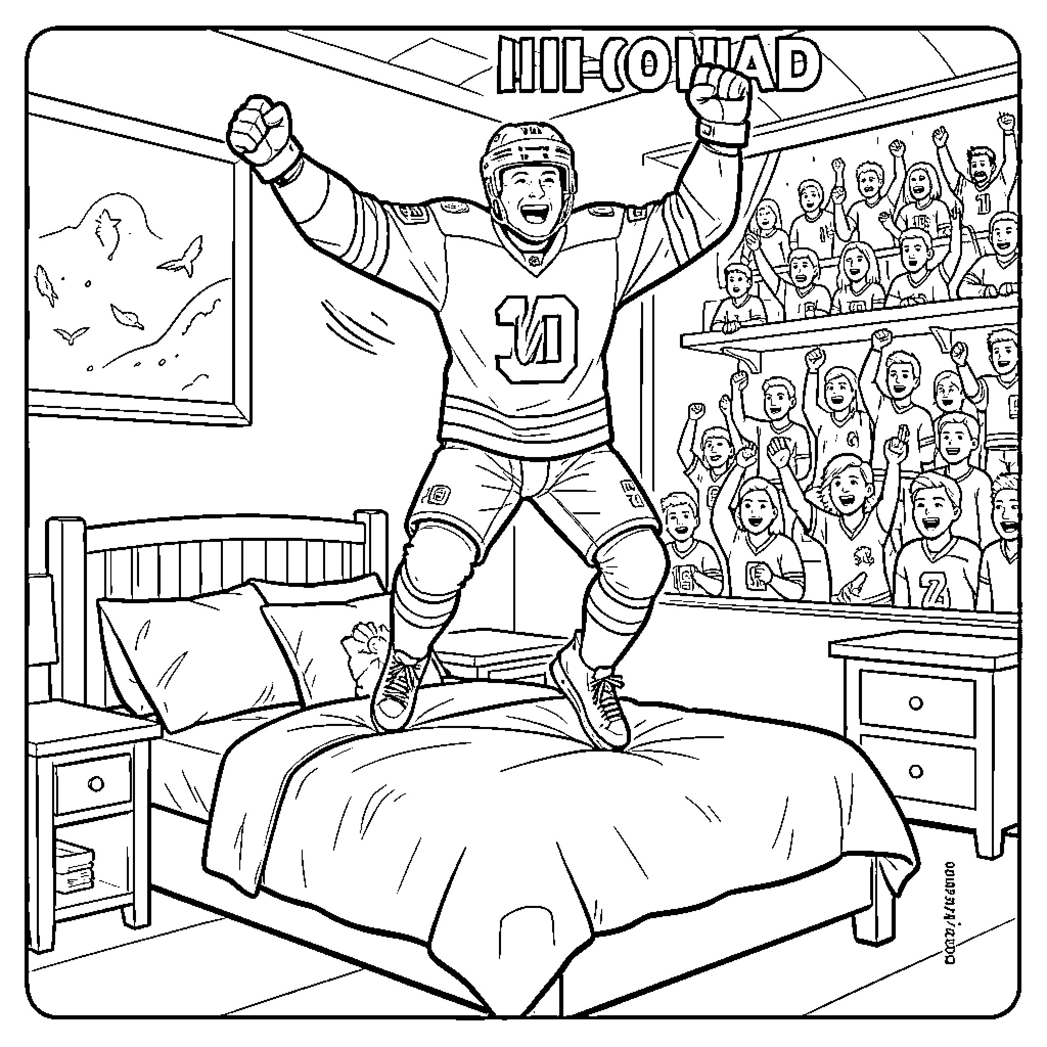 Cole Caufield celebrating joyfully by jumping on a bed Coloring Page (free black-and-white line drawing printable PDF for all, from beginners to advanced learners, including children, teens, adults, and seniors)