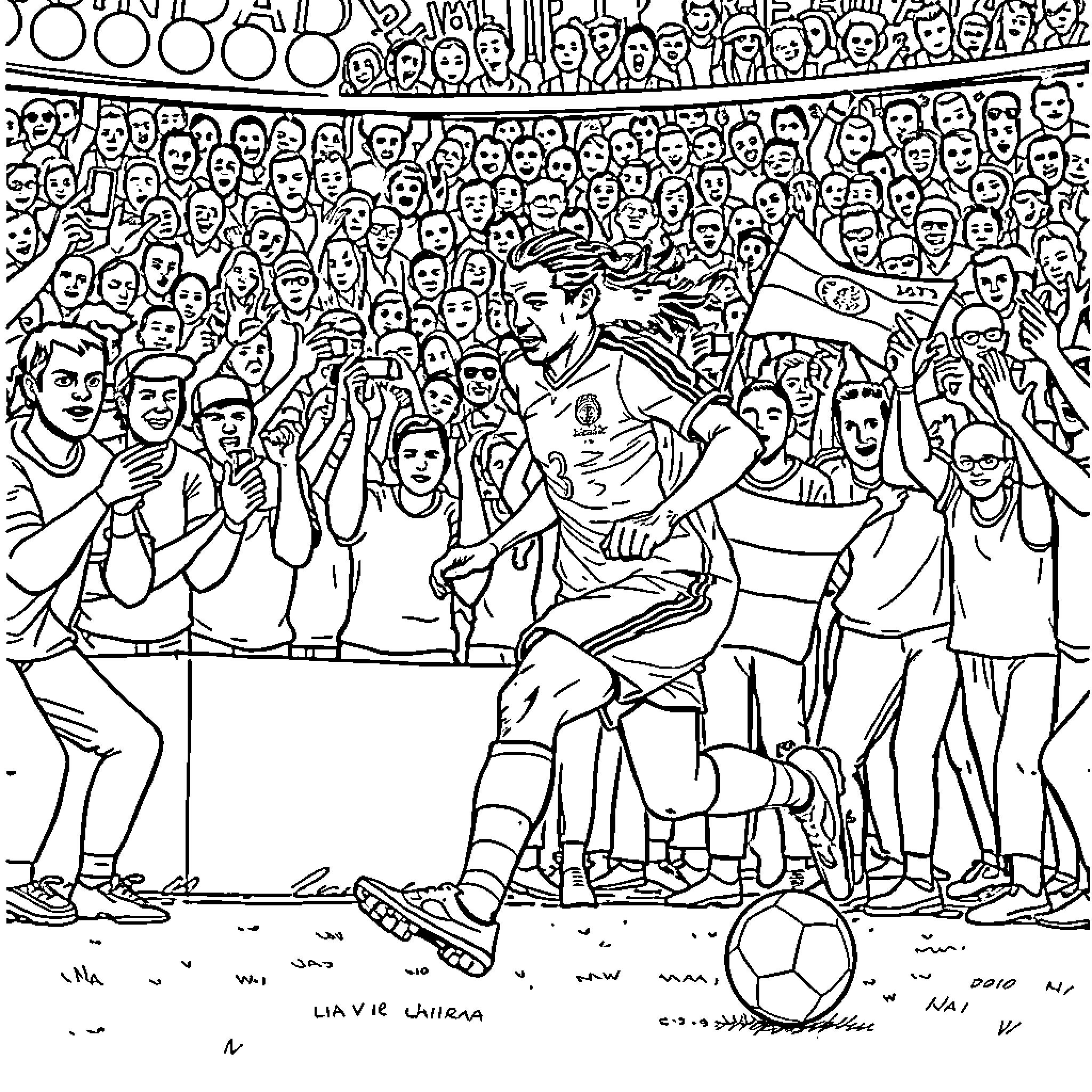 Ronaldinho celebrating in front of cheering crowd Coloring Page (free black-and-white line drawing printable PDF for all, from beginners to advanced learners, including children, teens, adults, and seniors)