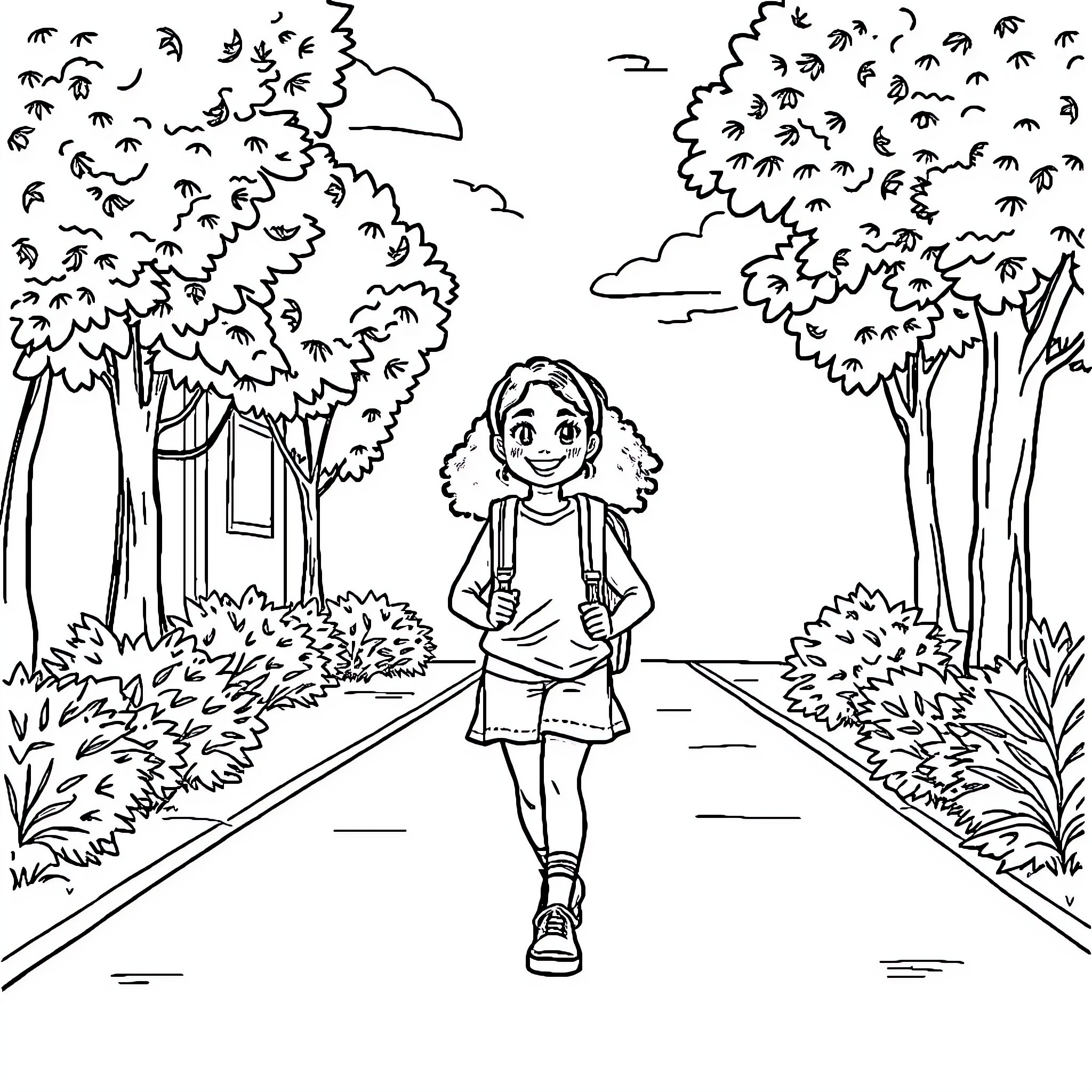Girl exploring the enchanting forest path Coloring Page (free black-and-white line drawing printable PDF for all, from beginners to advanced learners, including children, teens, adults, and seniors)