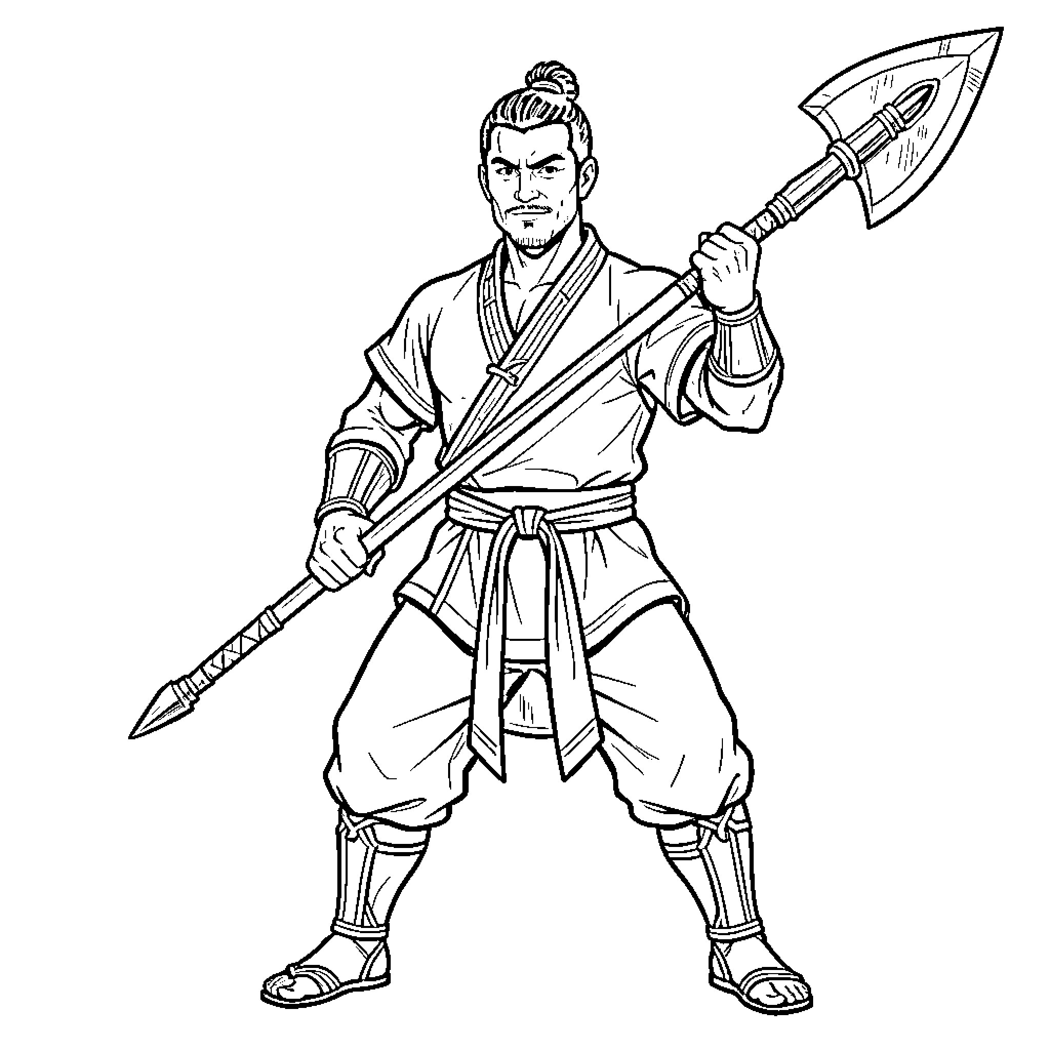 Warrior standing firmly while holding a large polearm Coloring Page (free black-and-white line drawing printable PDF for all, from beginners to advanced learners, including children, teens, adults, and seniors)