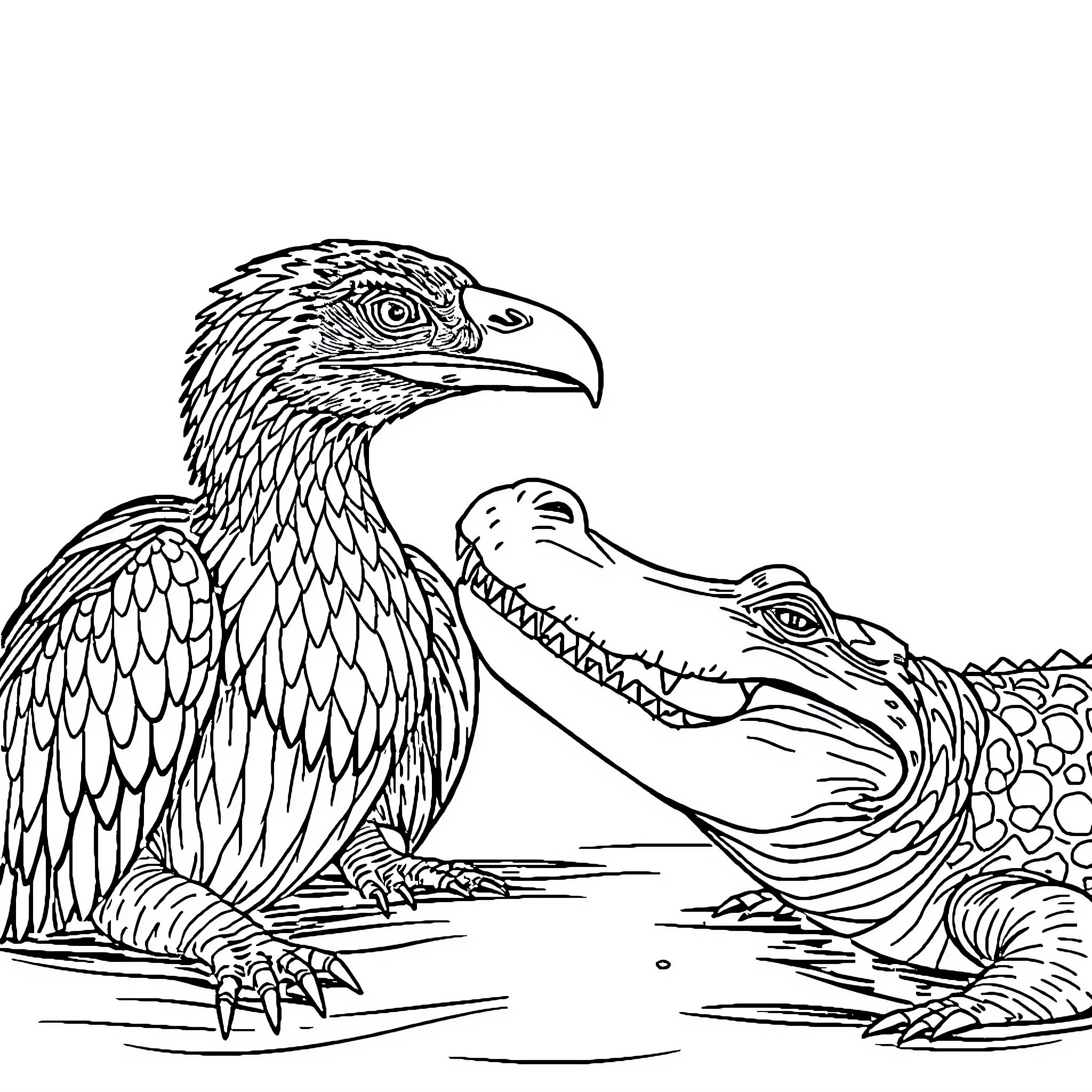 Raptor and Alligator in Swamp Encounter Coloring Page (free black-and-white line drawing printable PDF for all, from beginners to advanced learners, including children, teens, adults, and seniors)