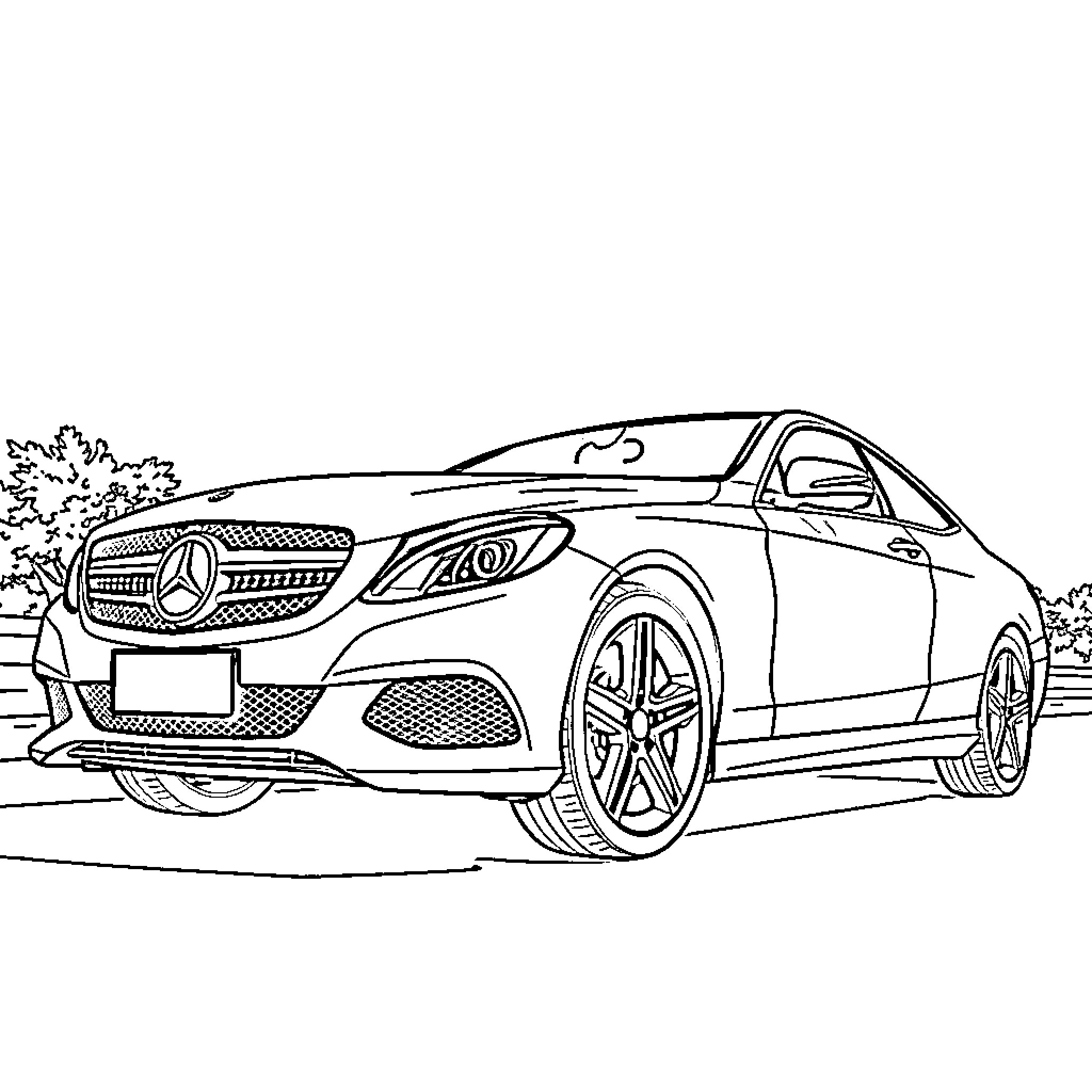 Mercedes-Benz Luxury Sedan in Outdoor Scene Coloring Page (free black-and-white line drawing printable PDF for all, from beginners to advanced learners, including children, teens, adults, and seniors)