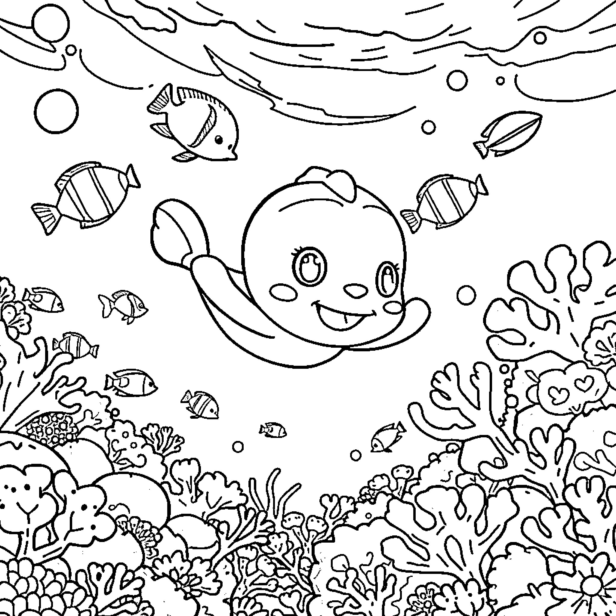 Coba's Underwater Adventure with Colorful Sea Creatures Coloring Page (free black-and-white line drawing printable PDF for all, from beginners to advanced learners, including children, teens, adults, and seniors)