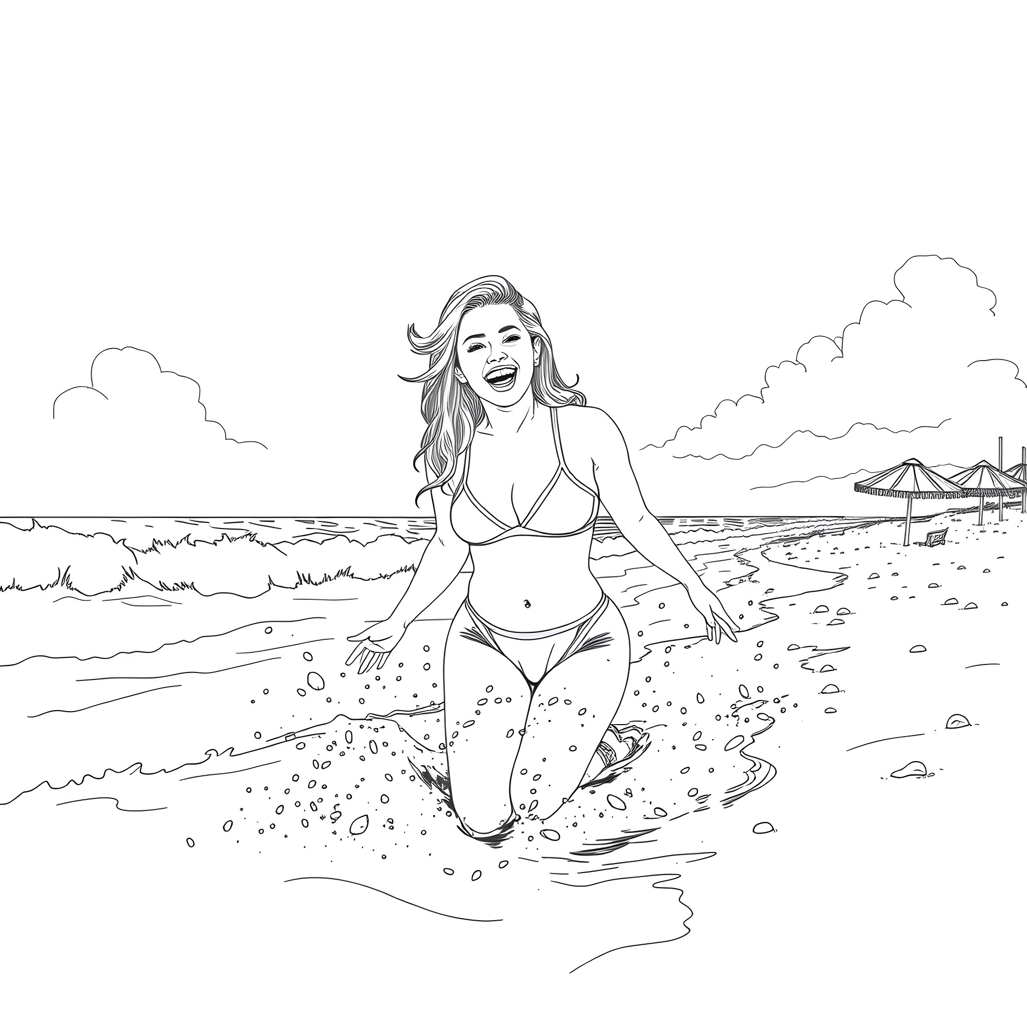 Miley Cyrus frolicking in the waves on the beach Coloring Page (free black-and-white line drawing printable PDF for all, from beginners to advanced learners, including children, teens, adults, and seniors)