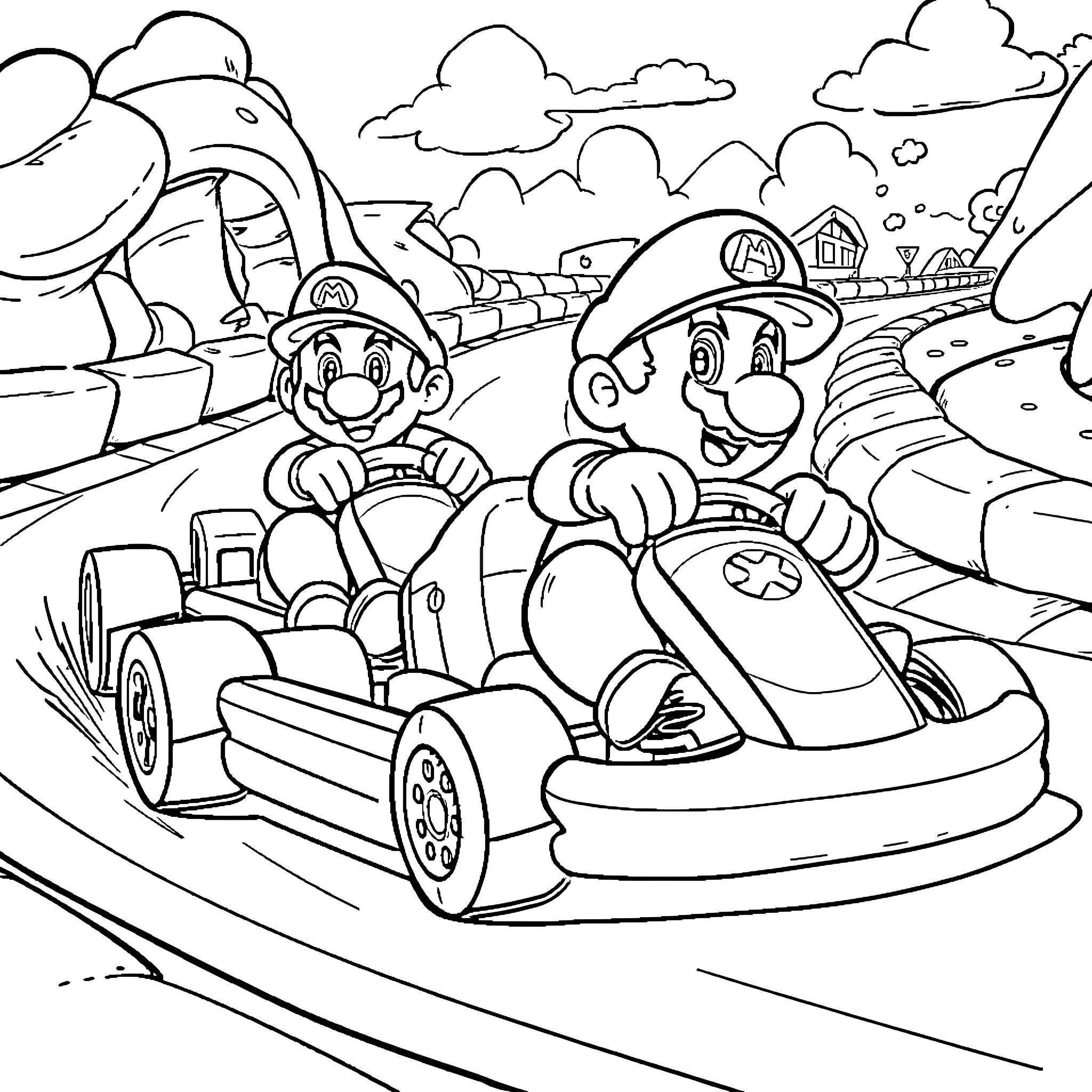 Mario and Luigi racing together in go-karts Coloring Page (free black-and-white line drawing printable PDF for all, from beginners to advanced learners, including children, teens, adults, and seniors)