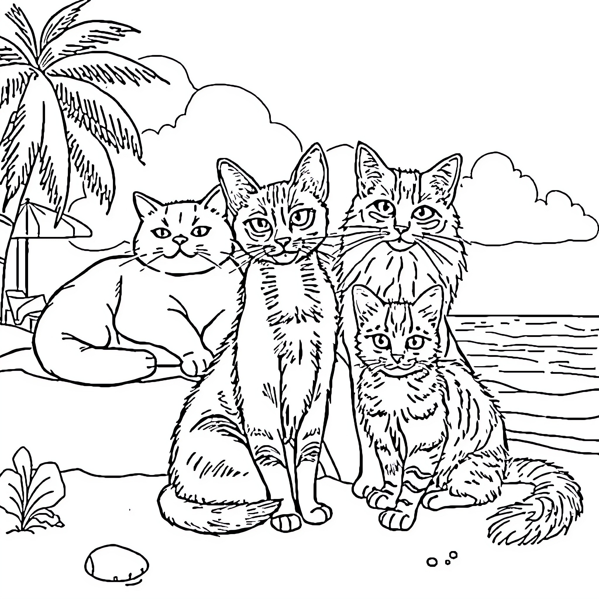 Cats lounging on a tropical beach Coloring Page (free black-and-white line drawing printable PDF for all, from beginners to advanced learners, including children, teens, adults, and seniors)