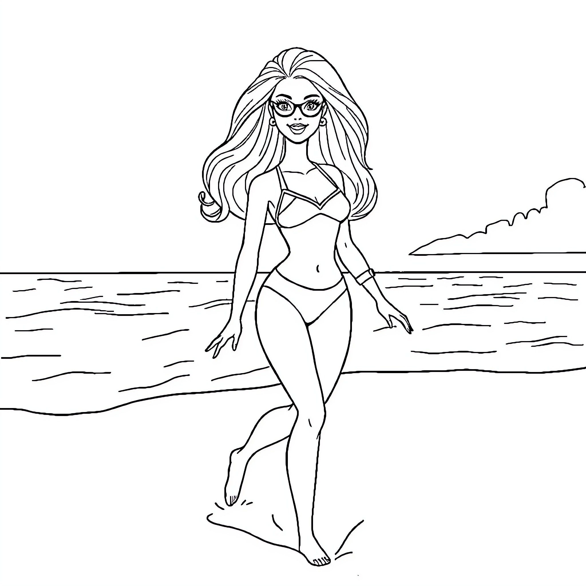 Barbie enjoying a sunny day at the beach Coloring Page (free black-and-white line drawing printable PDF for all, from beginners to advanced learners, including children, teens, adults, and seniors)