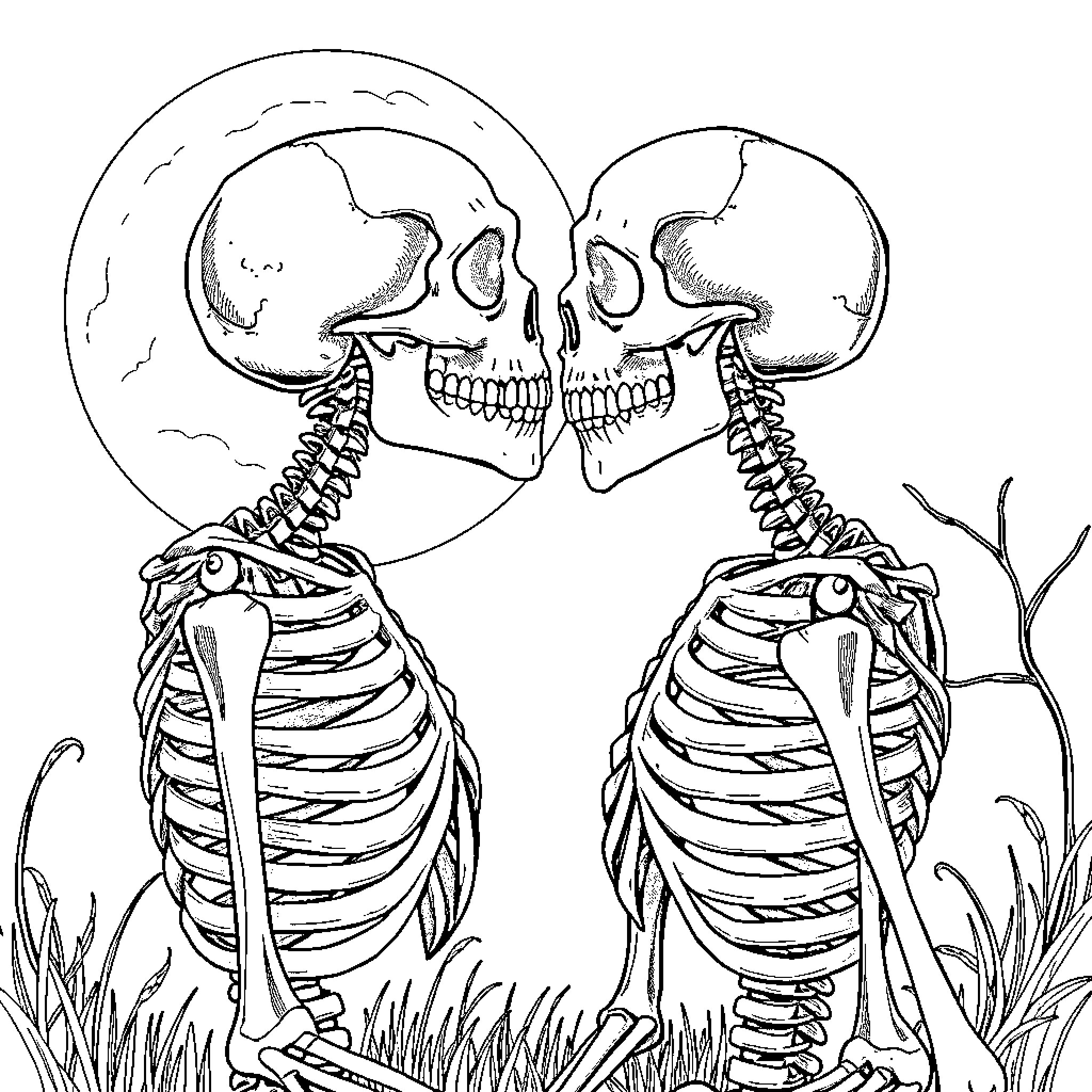 Skeleton Figures in Eerie Moonlit Landscape Coloring Page (free black-and-white line drawing printable PDF for all, from beginners to advanced learners, including children, teens, adults, and seniors)