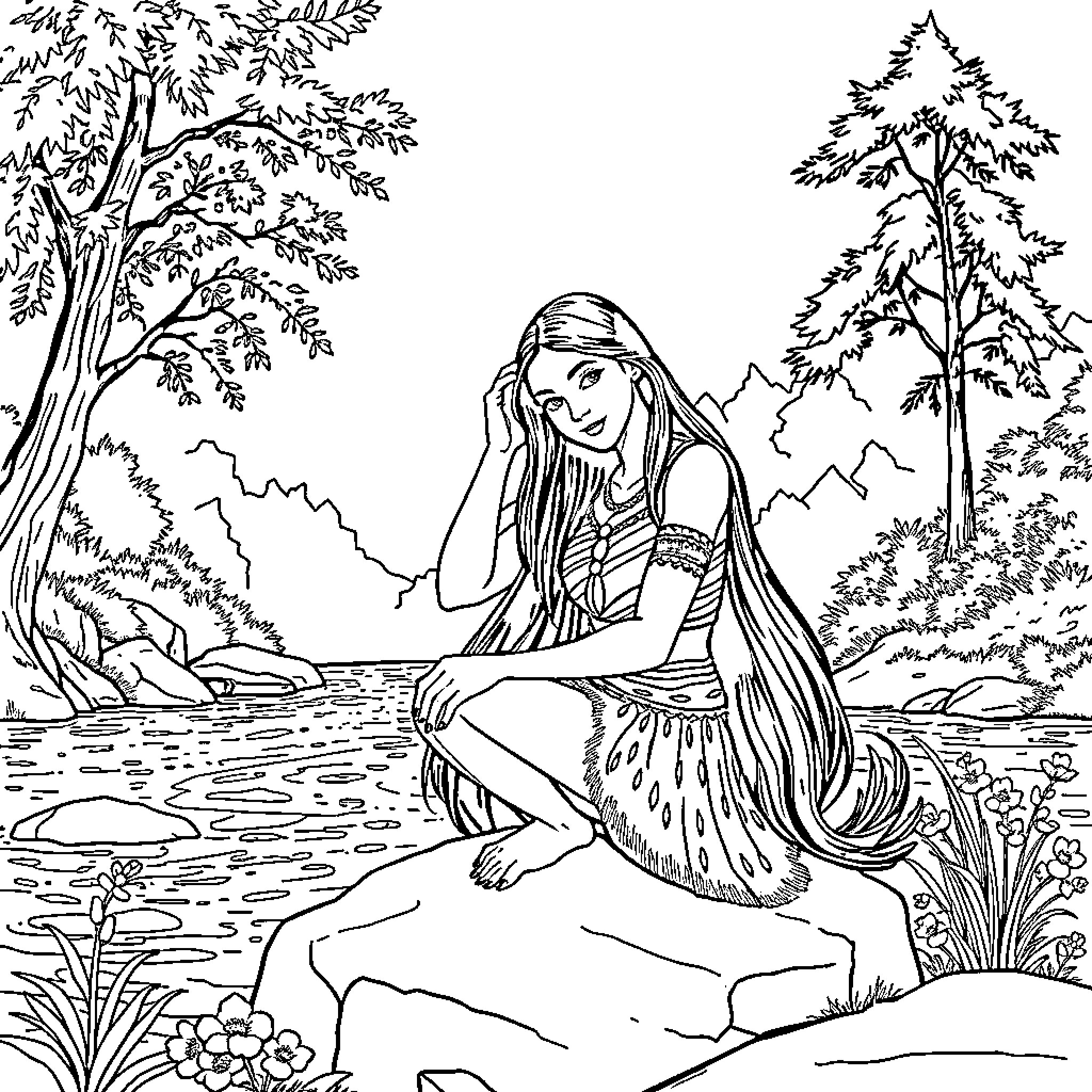 Pocahontas contemplating in the wilderness Coloring Page (free black-and-white line drawing printable PDF for all, from beginners to advanced learners, including children, teens, adults, and seniors)