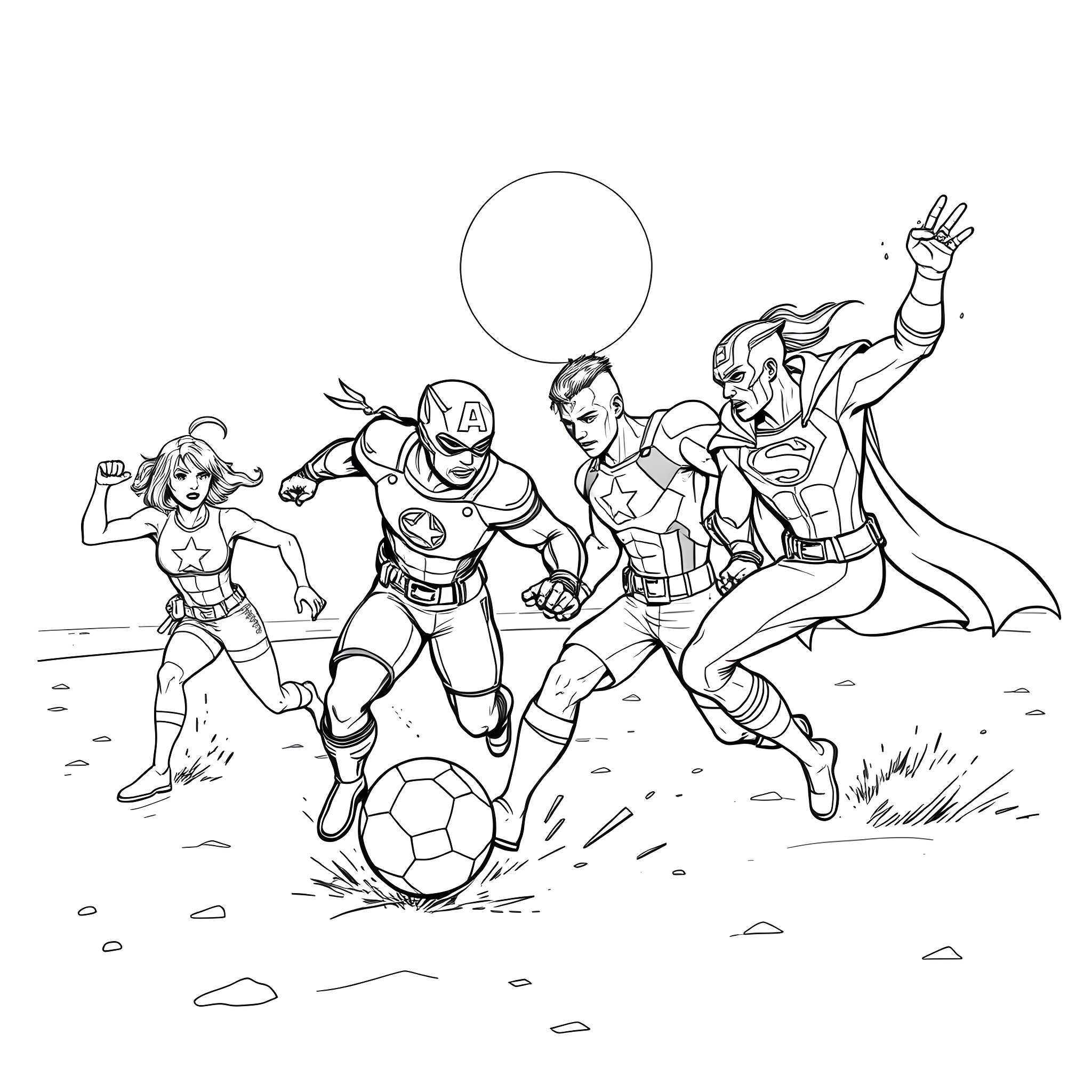 Avenger Heroes Soccer Match Coloring Page (free black-and-white line drawing printable PDF for all, from beginners to advanced learners, including children, teens, adults, and seniors)