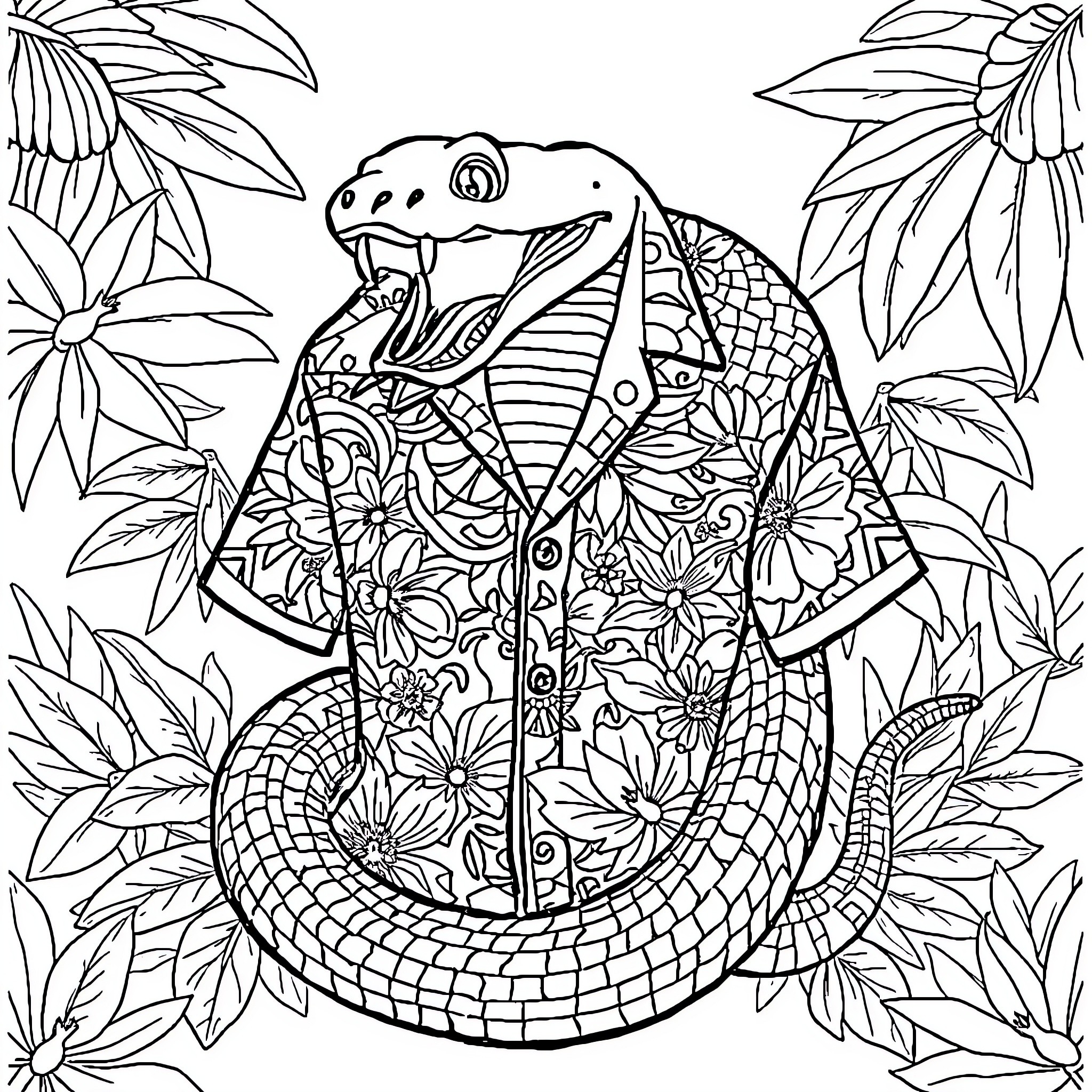 Snake surrounded by intricate floral patterns Coloring Page (free black-and-white line drawing printable PDF for all, from beginners to advanced learners, including children, teens, adults, and seniors)