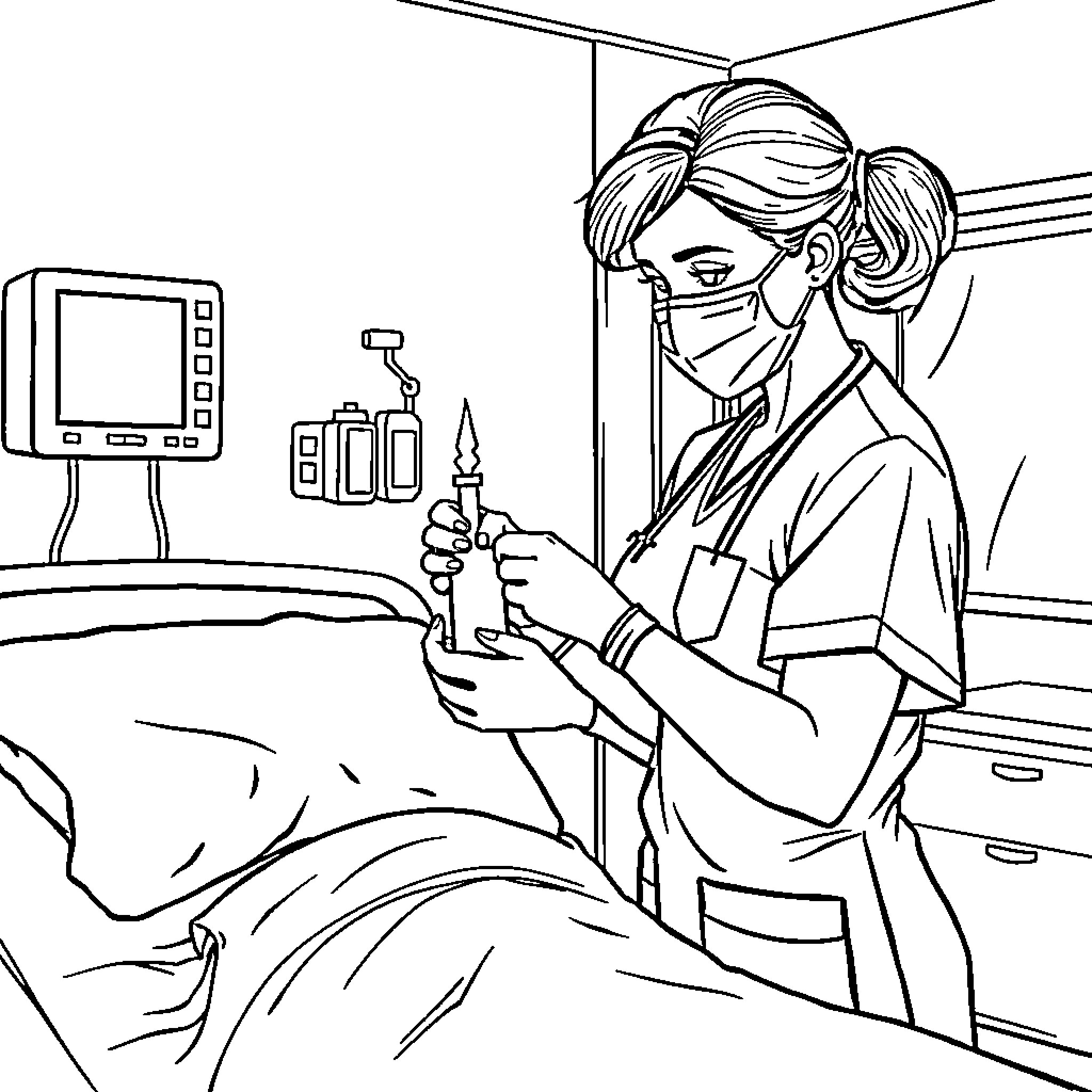 Nurse providing medical care to patient in hospital room Coloring Page (free black-and-white line drawing printable PDF for all, from beginners to advanced learners, including children, teens, adults, and seniors)