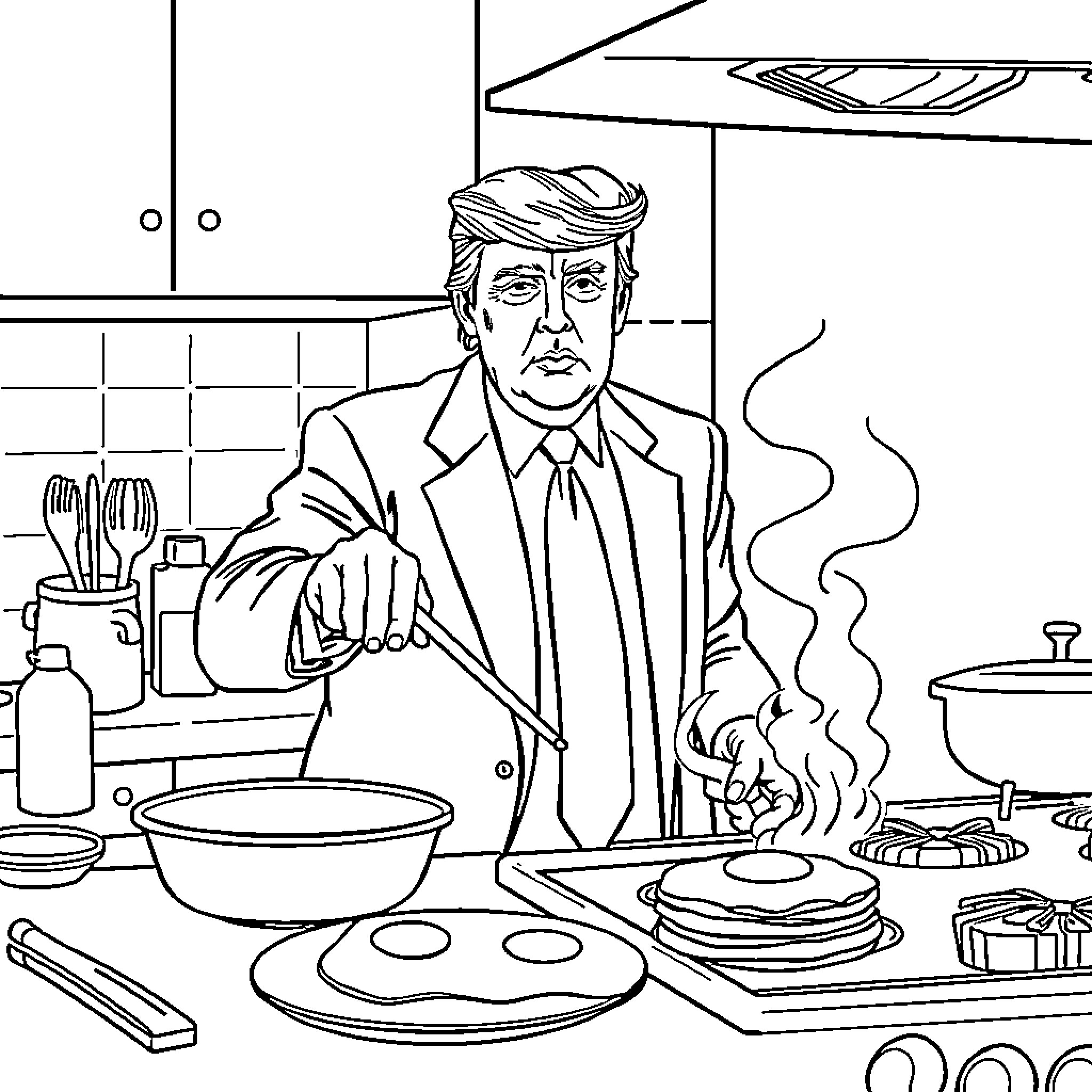 Trump cooking in the kitchen with kitchen utensils Coloring Page (free black-and-white line drawing printable PDF for all, from beginners to advanced learners, including children, teens, adults, and seniors)