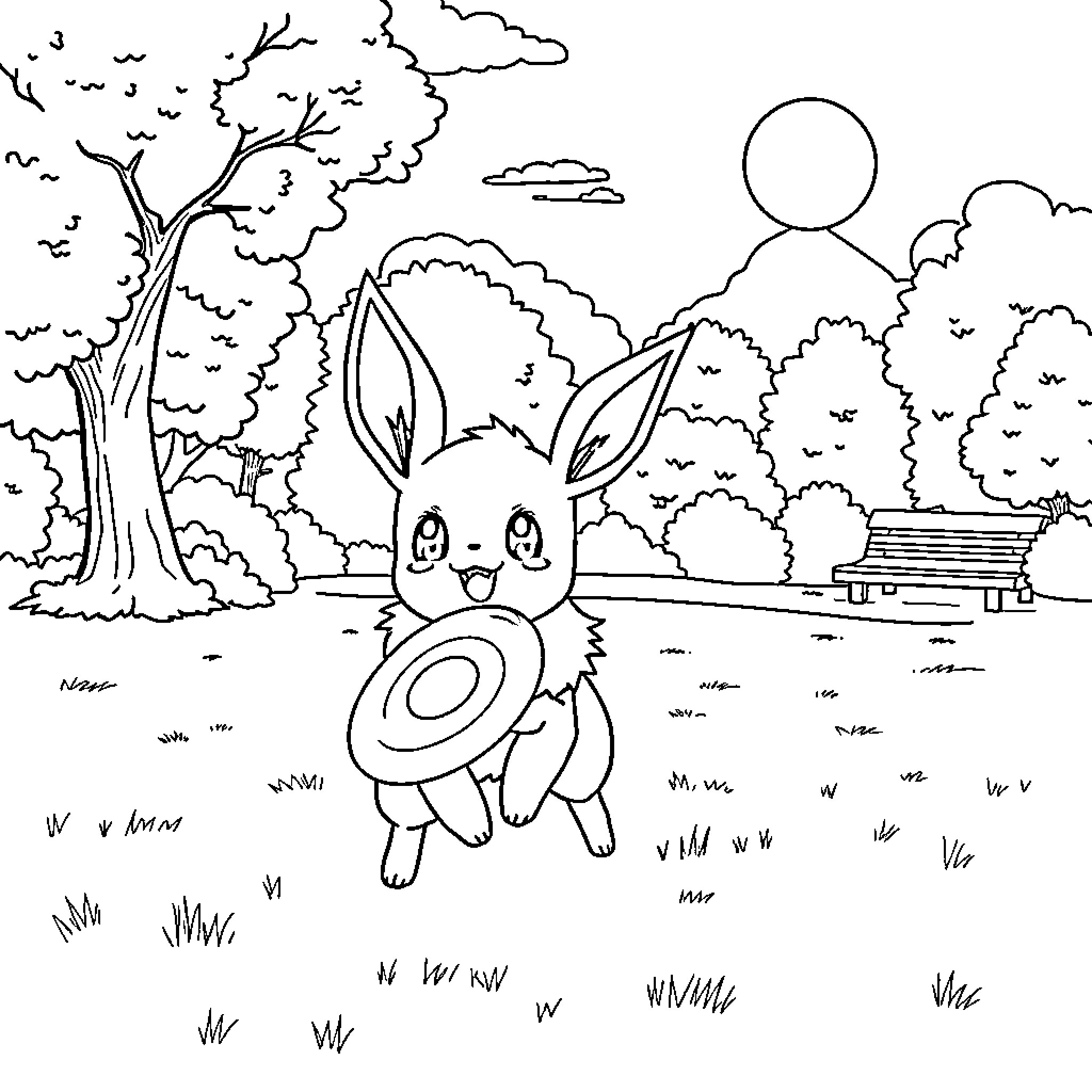 Eevee enjoying a peaceful day in the park Coloring Page (free black-and-white line drawing printable PDF for all, from beginners to advanced learners, including children, teens, adults, and seniors)