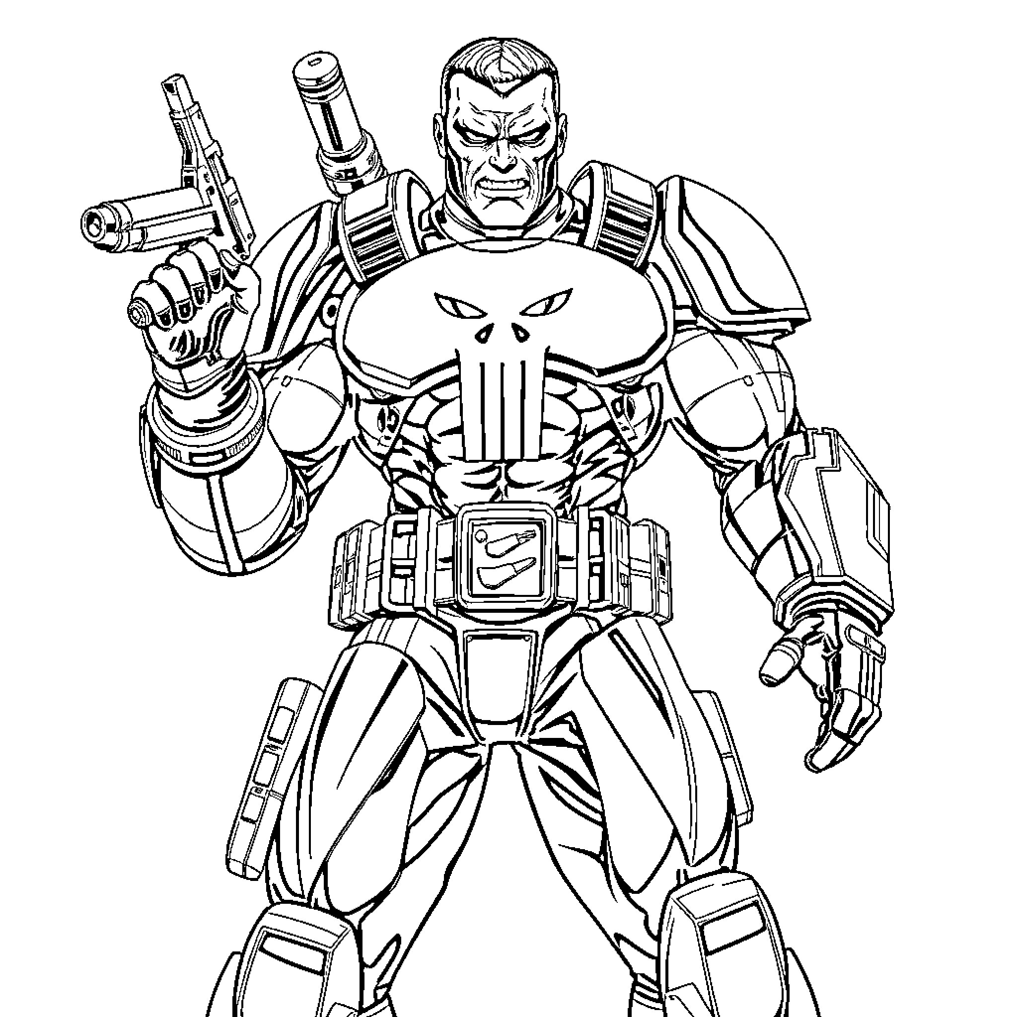 Punisher in combat gear wielding weapons Coloring Page (free black-and-white line drawing printable PDF for all, from beginners to advanced learners, including children, teens, adults, and seniors)