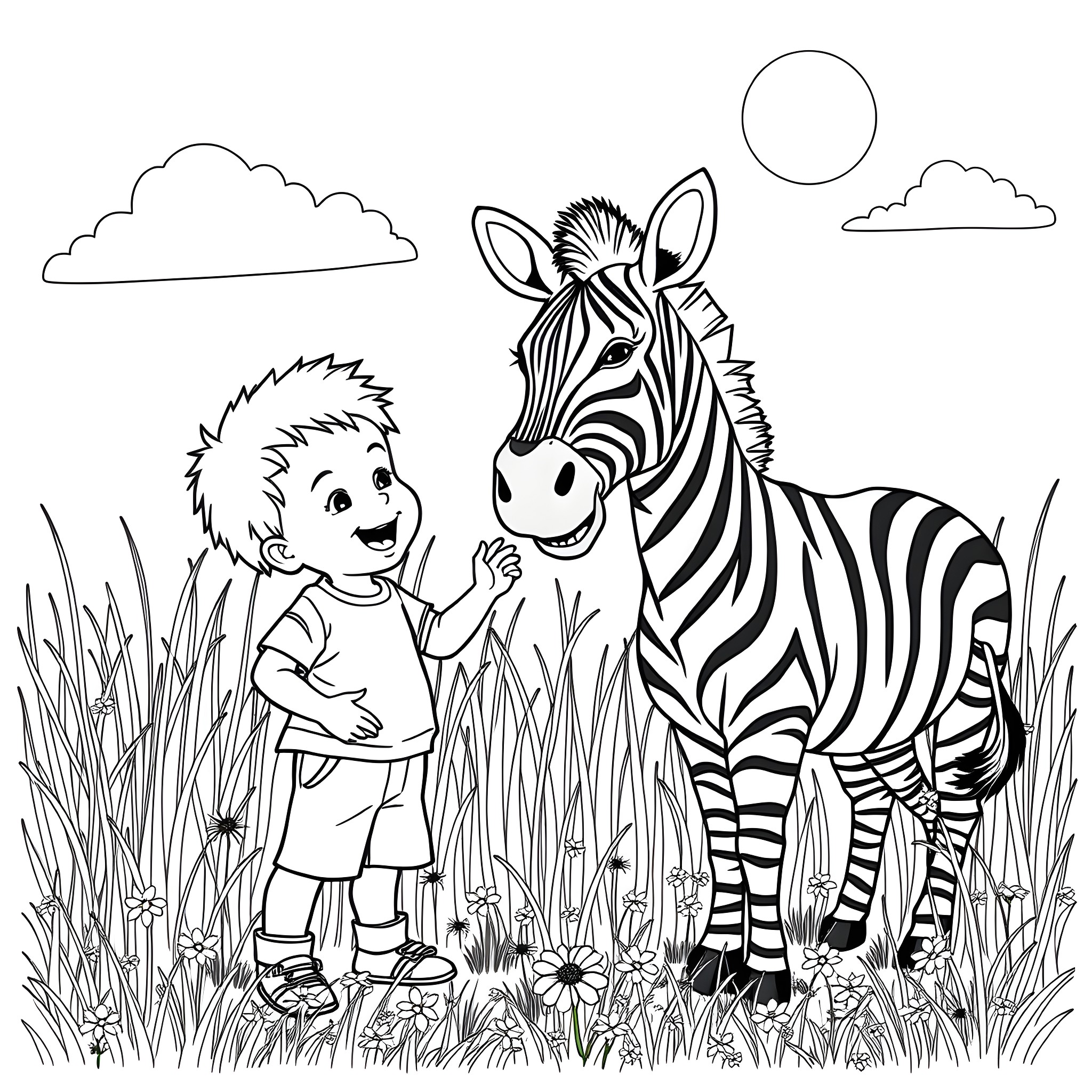 Boy interacting with a zebra in nature Coloring Page (free black-and-white line drawing printable PDF for all, from beginners to advanced learners, including children, teens, adults, and seniors)